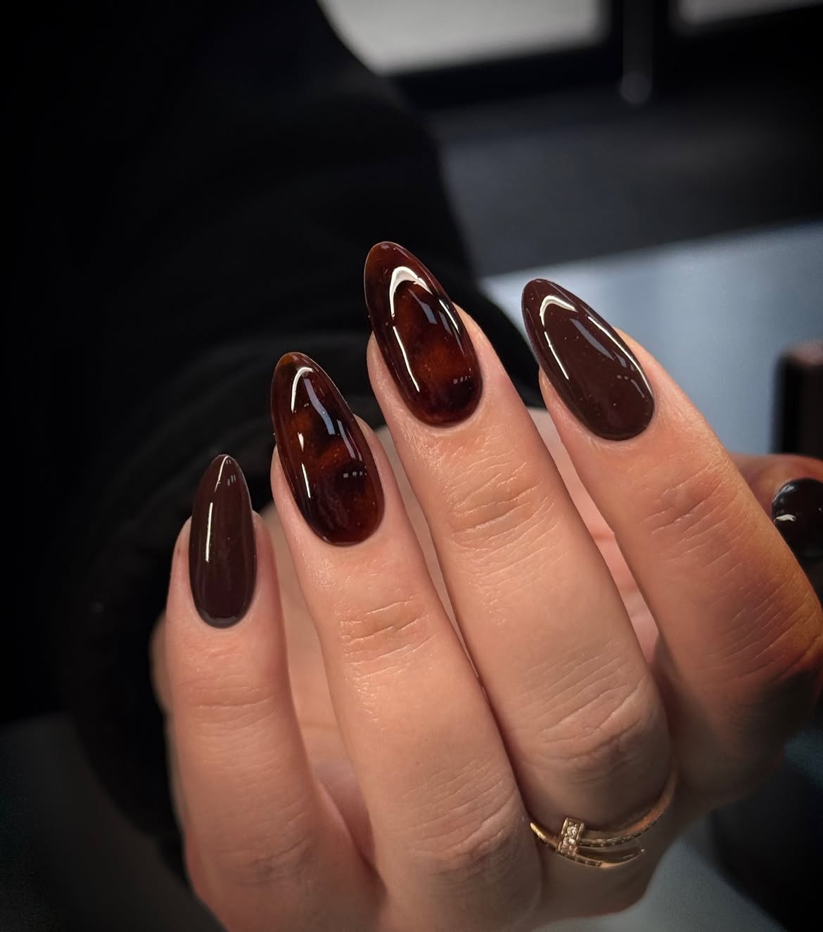 Glossy Tortoiseshell Dark Brown Almond Nails