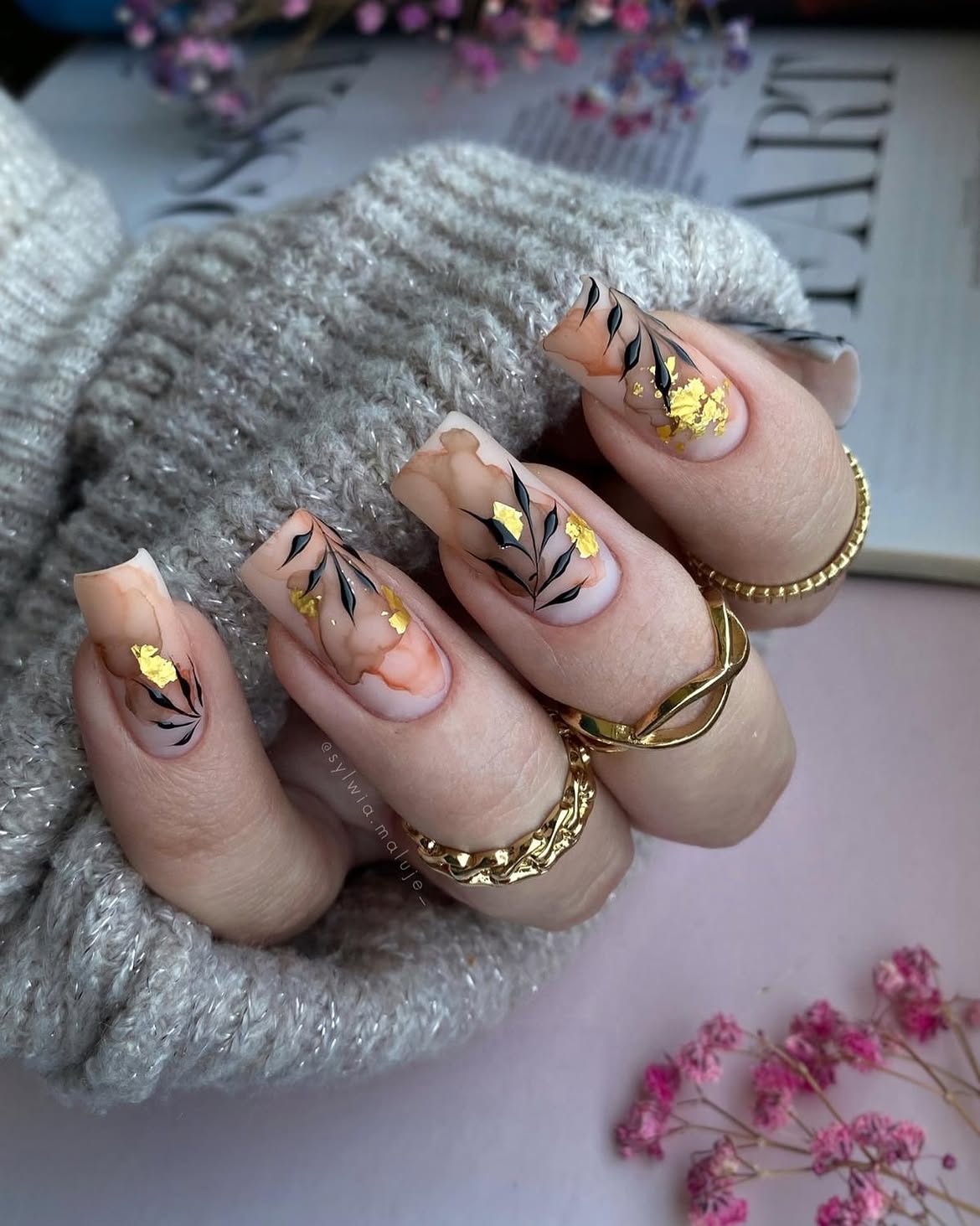 Golden Fall Leaf Abstract French Tip Nails
