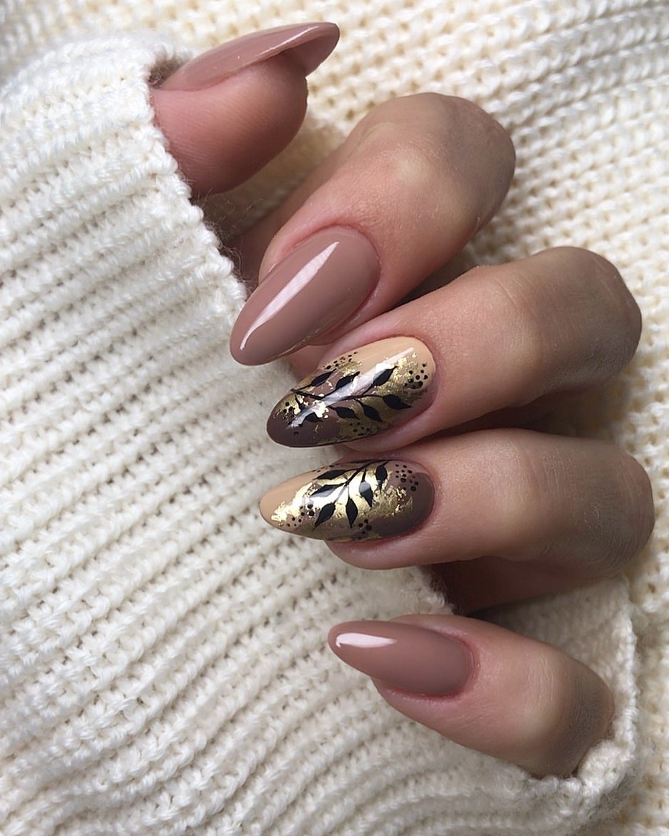 Golden Leaf Fall Almond Nails