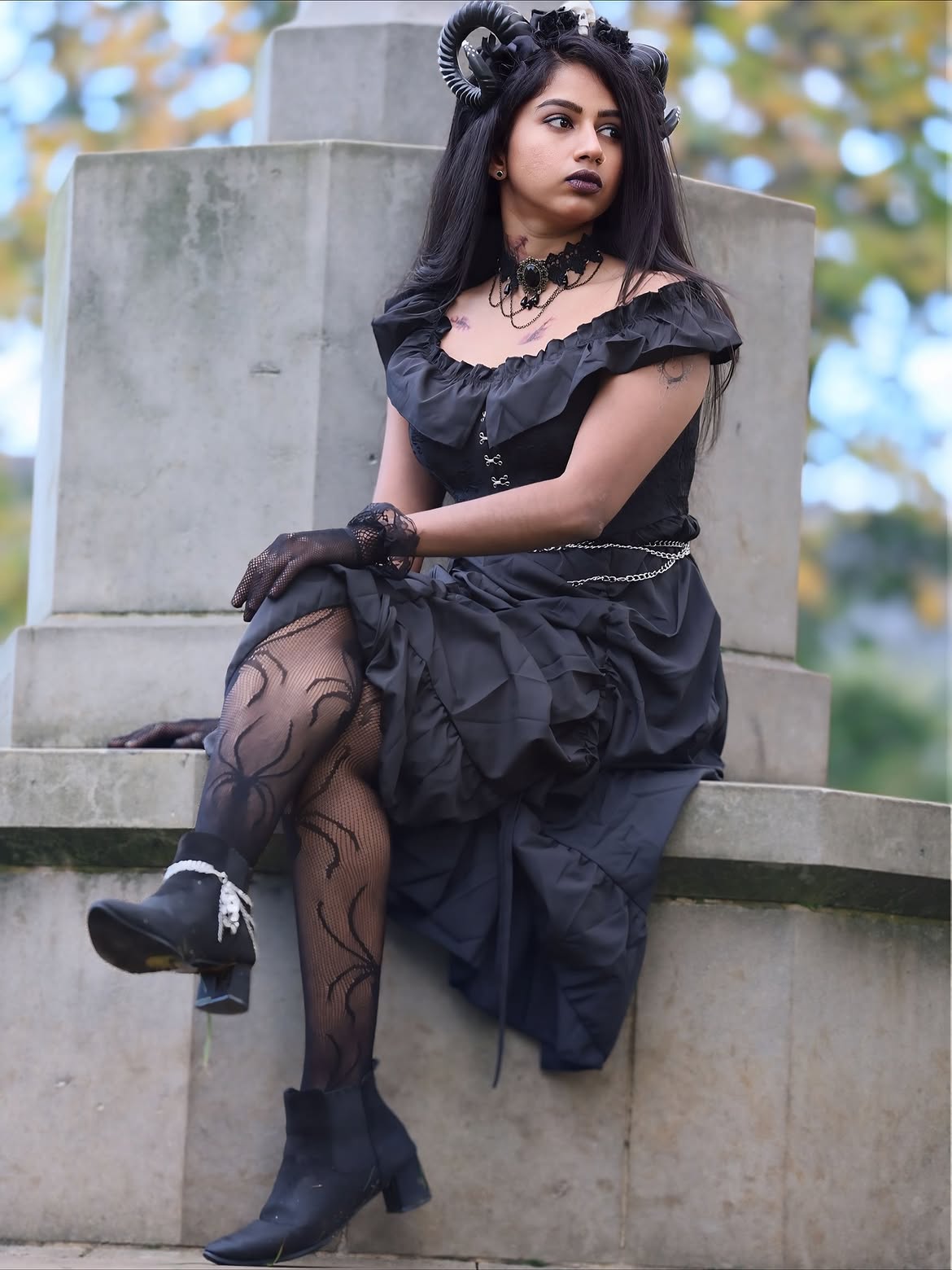 Gothic Black Lace Dress With Spiderweb Tights
