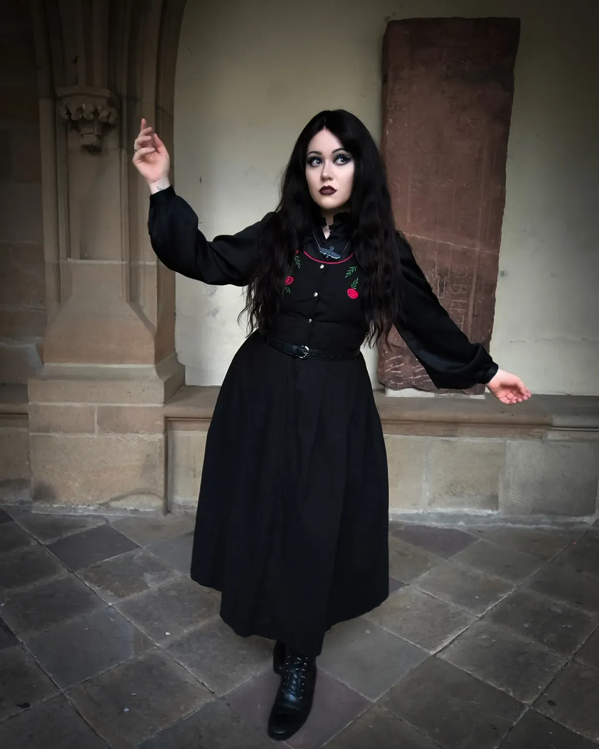 Gothic Midi Dress With Embroidered Roses