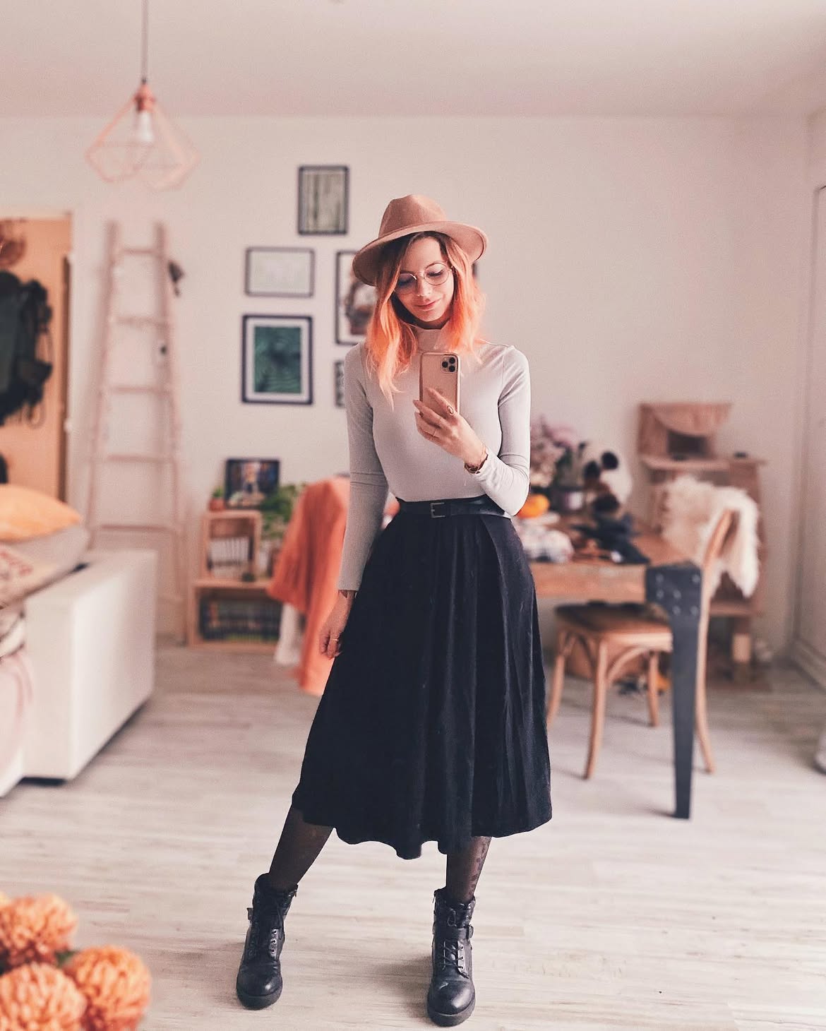 Grey Turtleneck Midi Skirt And Boots Outfit
