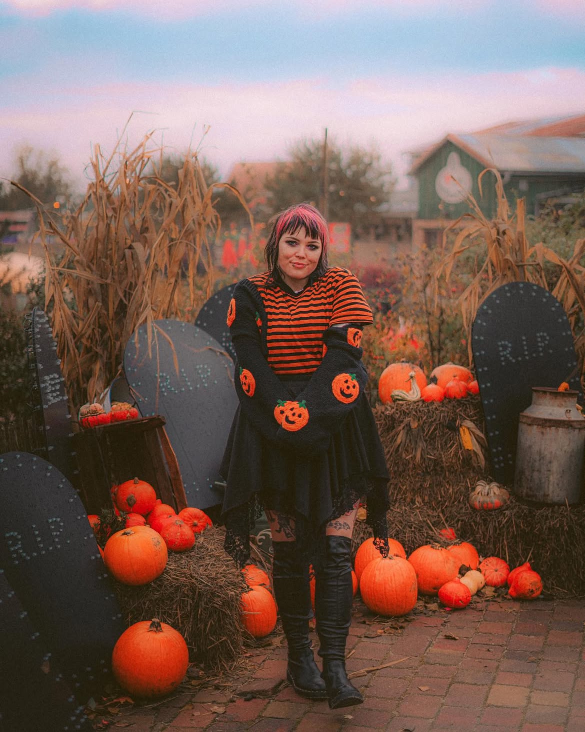 Halloween Themed Striped Top And Pumpkin Skirt