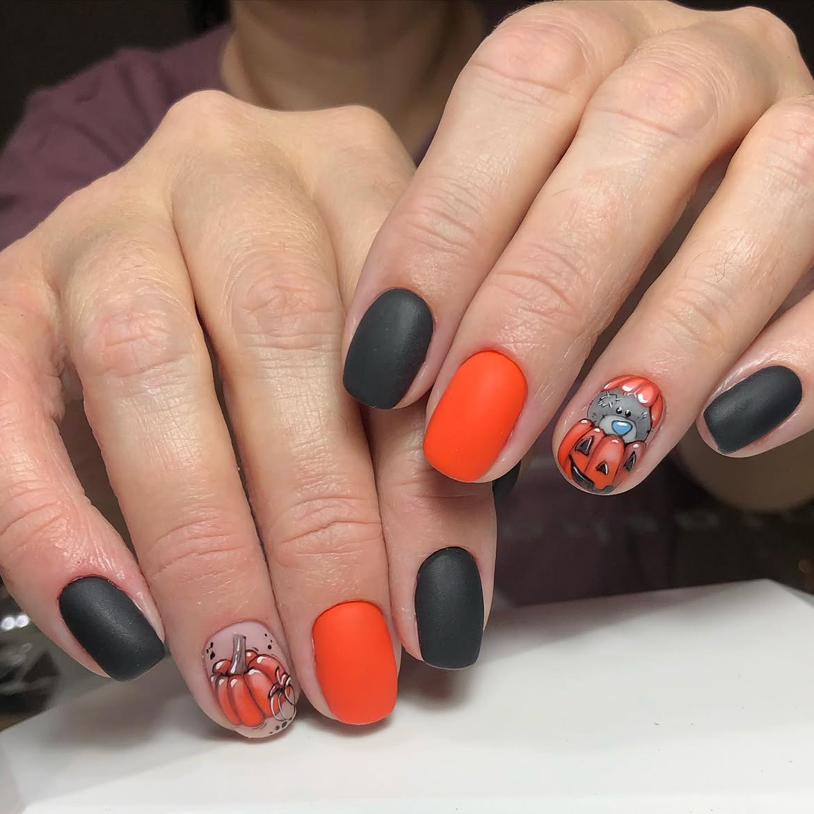 Matte Black & Orange Pumpkin Character Nails