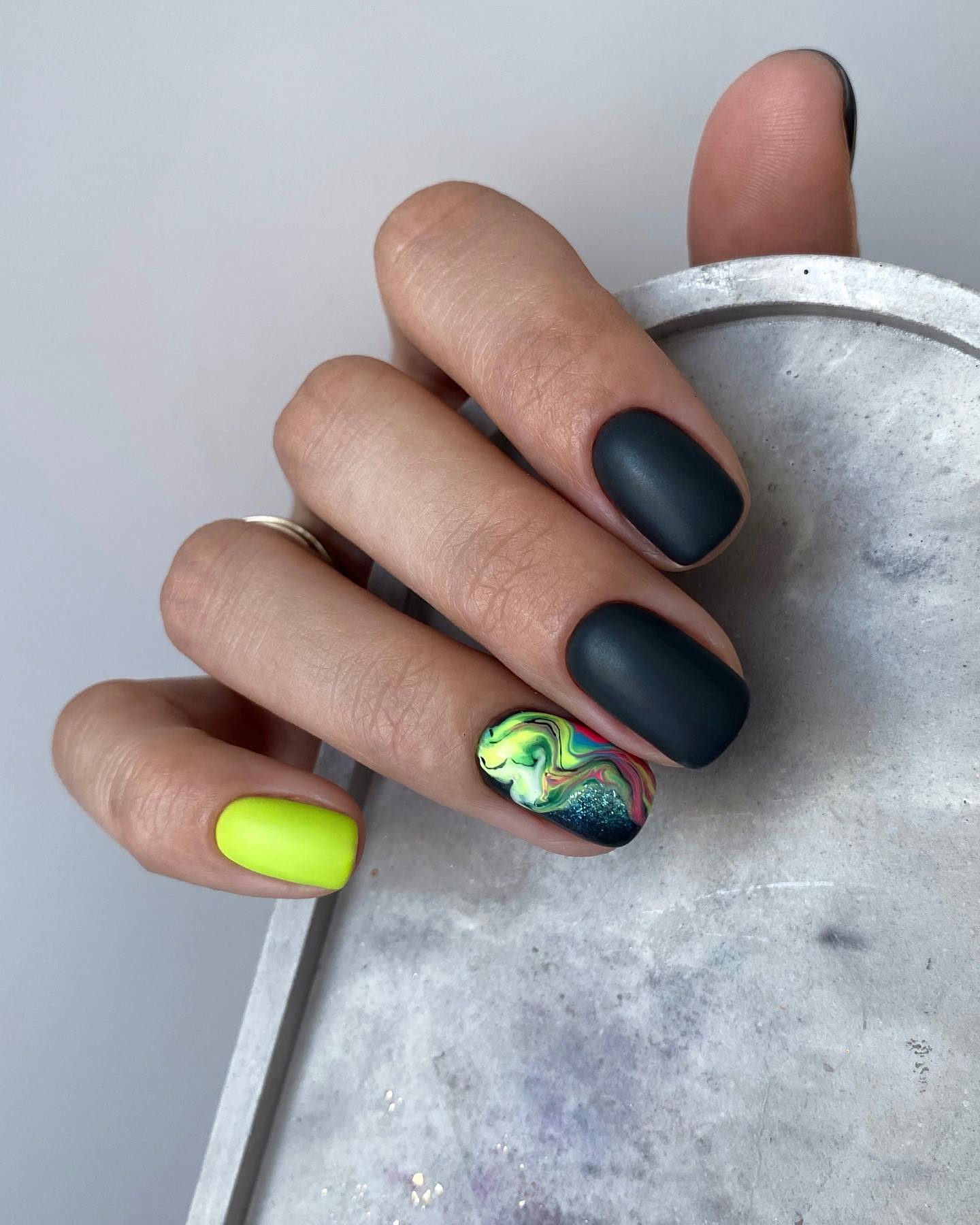 Matte Charcoal With Neon & Marble Accent Nails