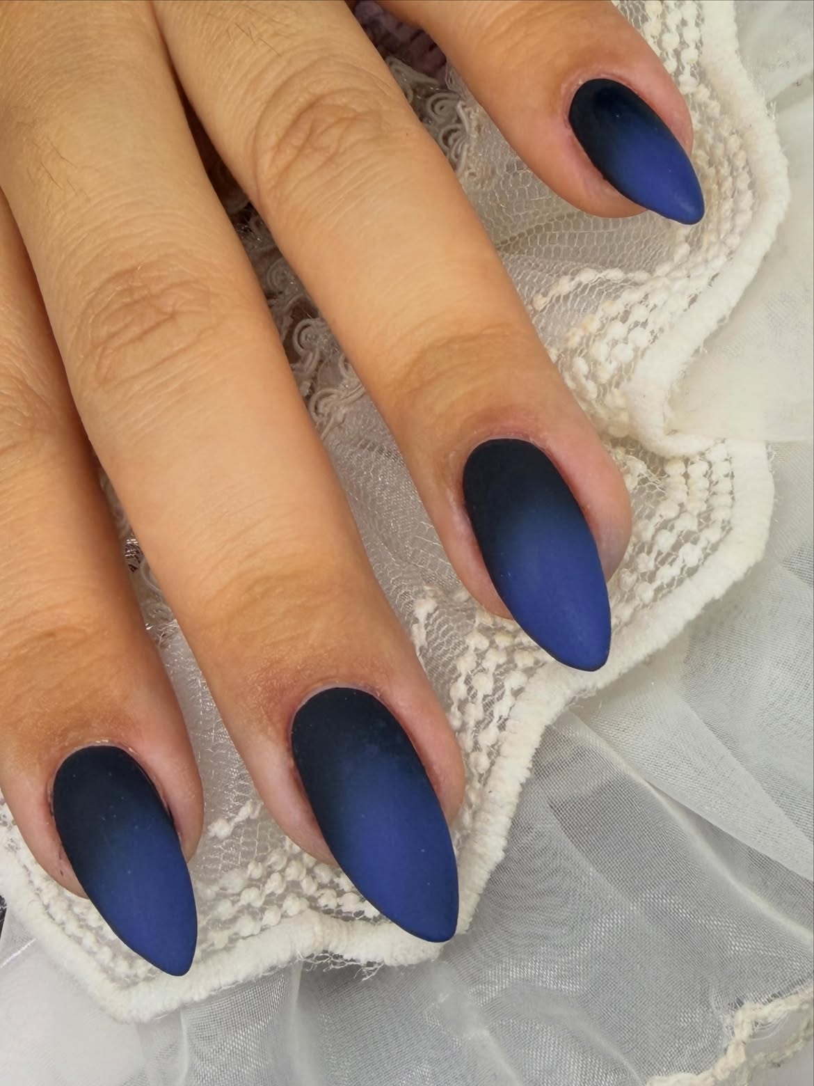 Matte Deep Blue Ombre Almond Nails
