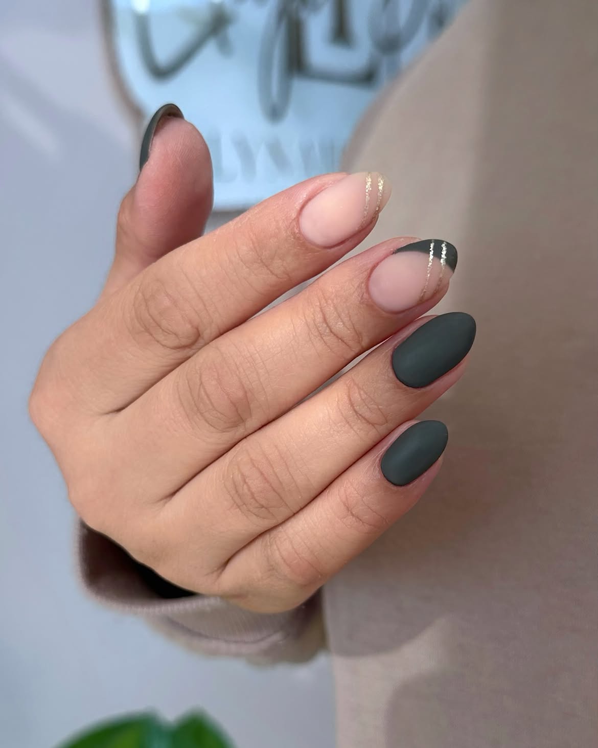 Matte Deep Teal Almond Nails with Gold Accents