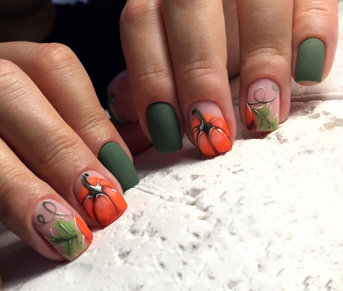Matte Forest Green & Pumpkin Patch Art Nails