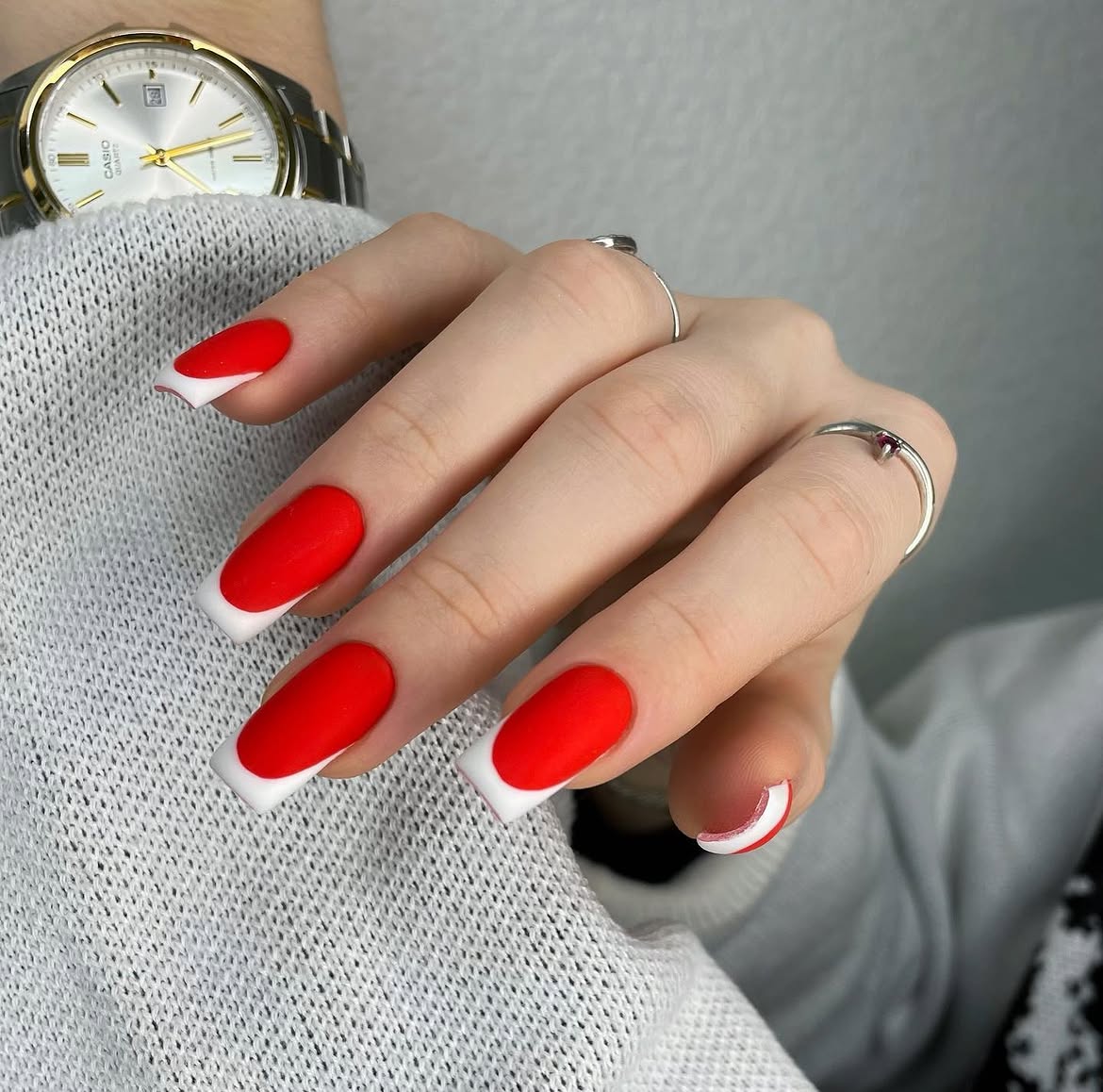 Matte French Tip Coffin Nails in Fiery Red