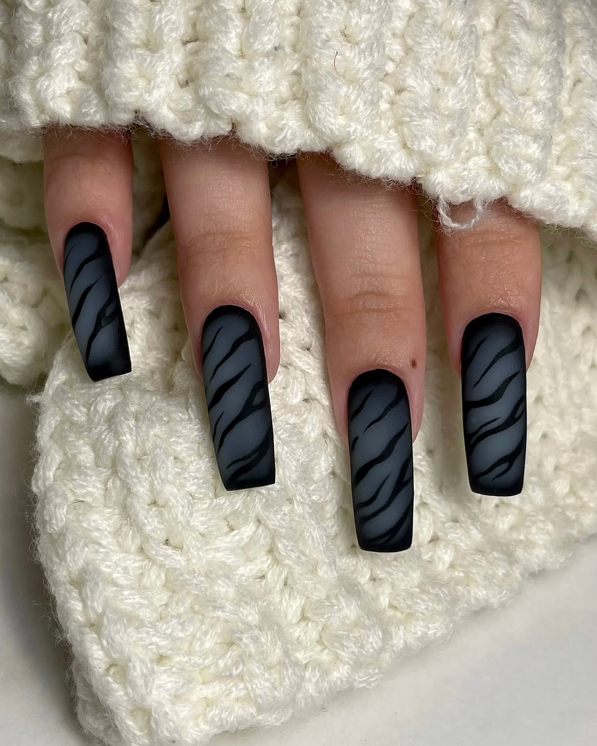 Matte Grey Tiger Stripe Coffin Nails