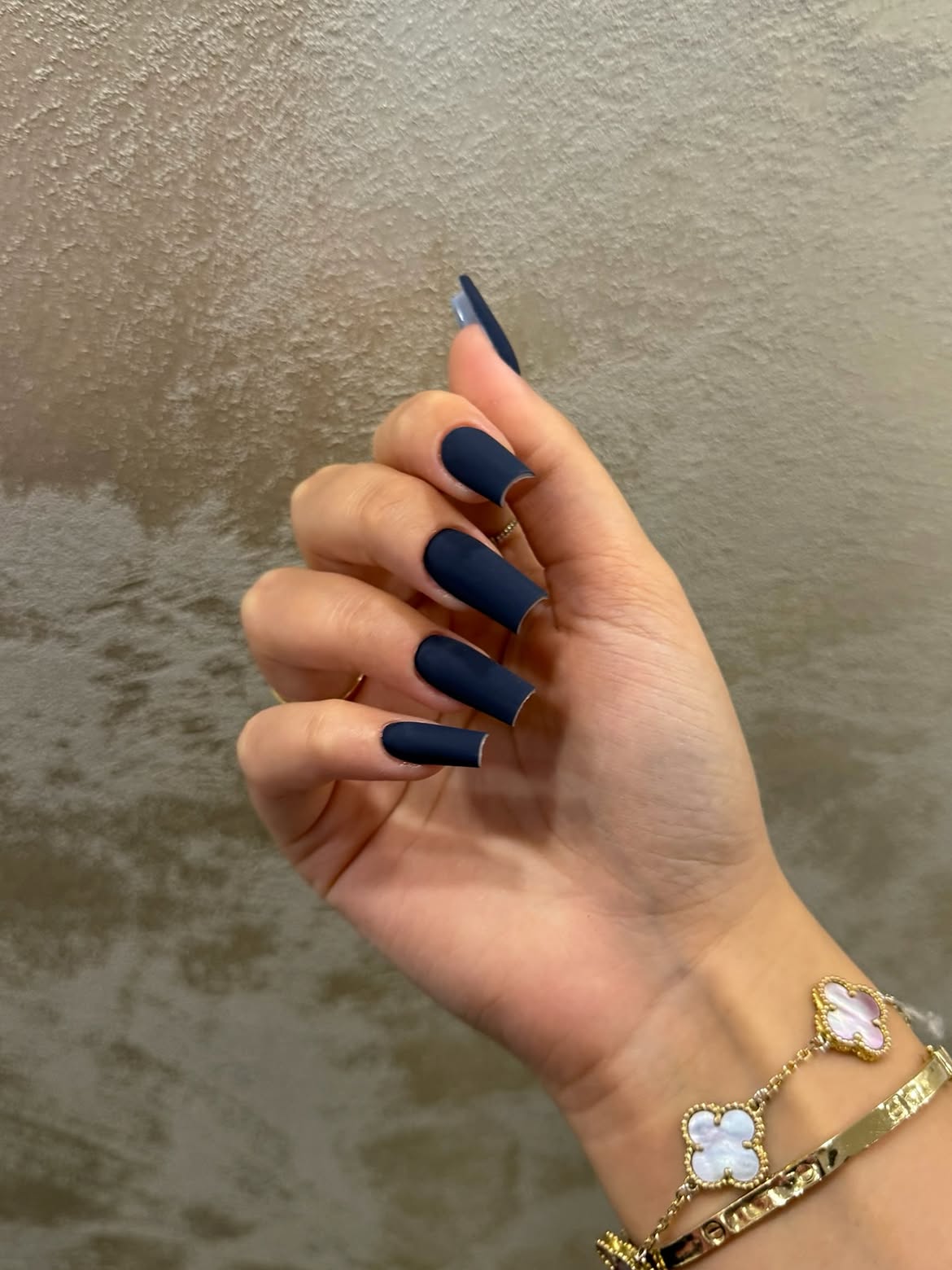 Matte Navy Blue Coffin Nails With Subtle Glazed Donut Tips