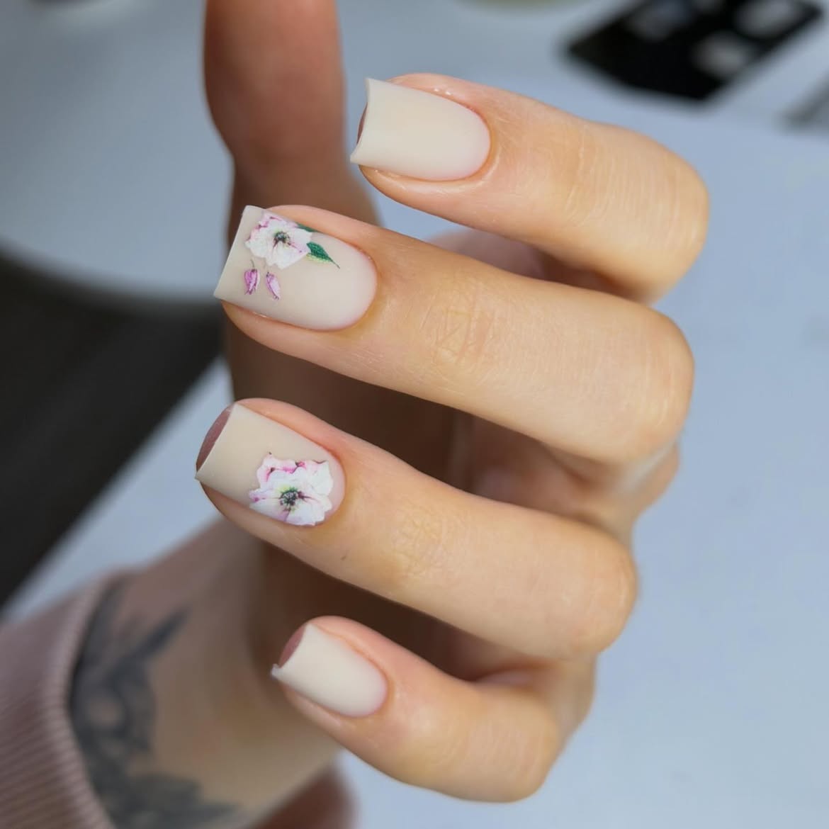 Matte Nude Floral Accent Square Nails