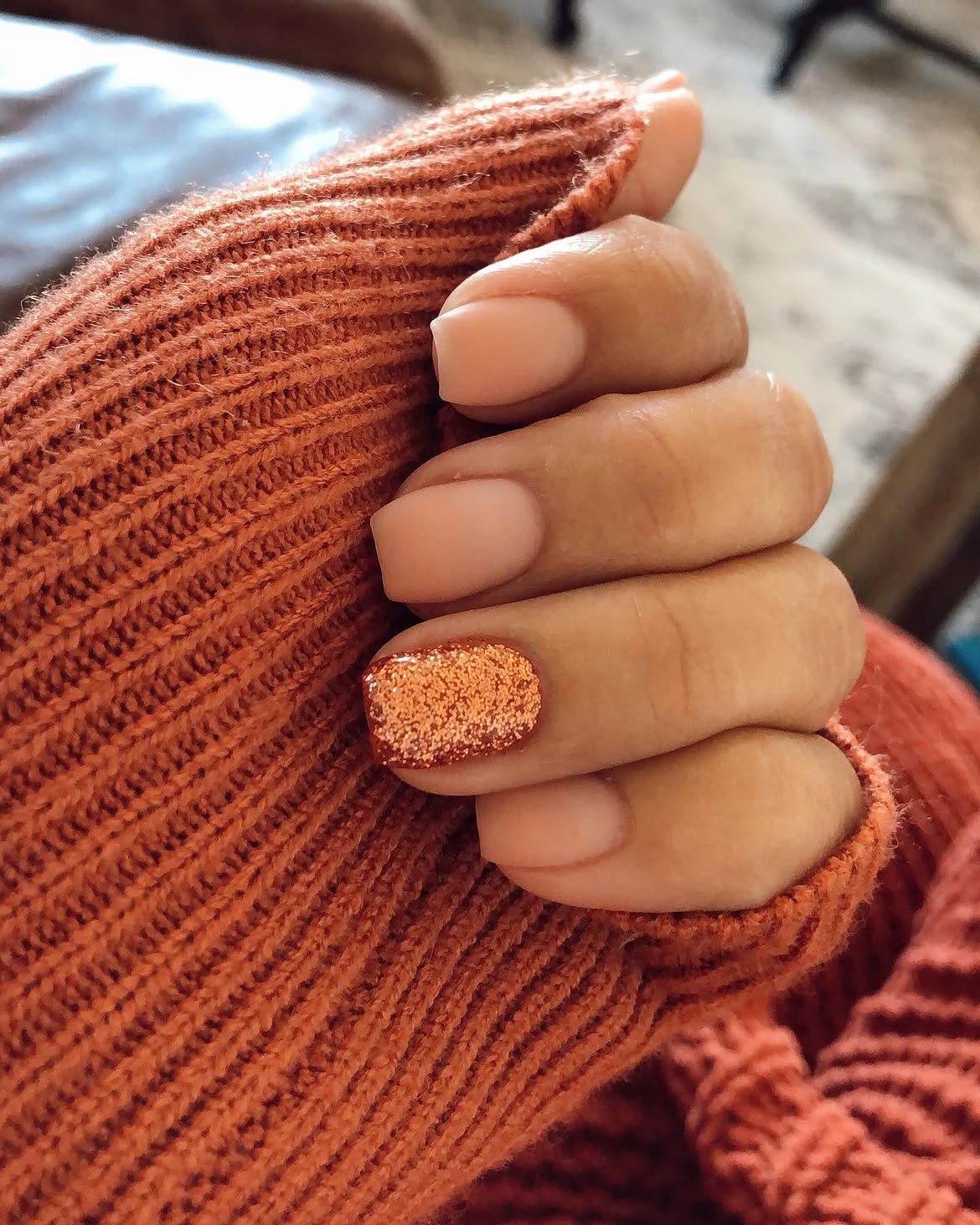 Matte Nude with Sparkle Accent Nail