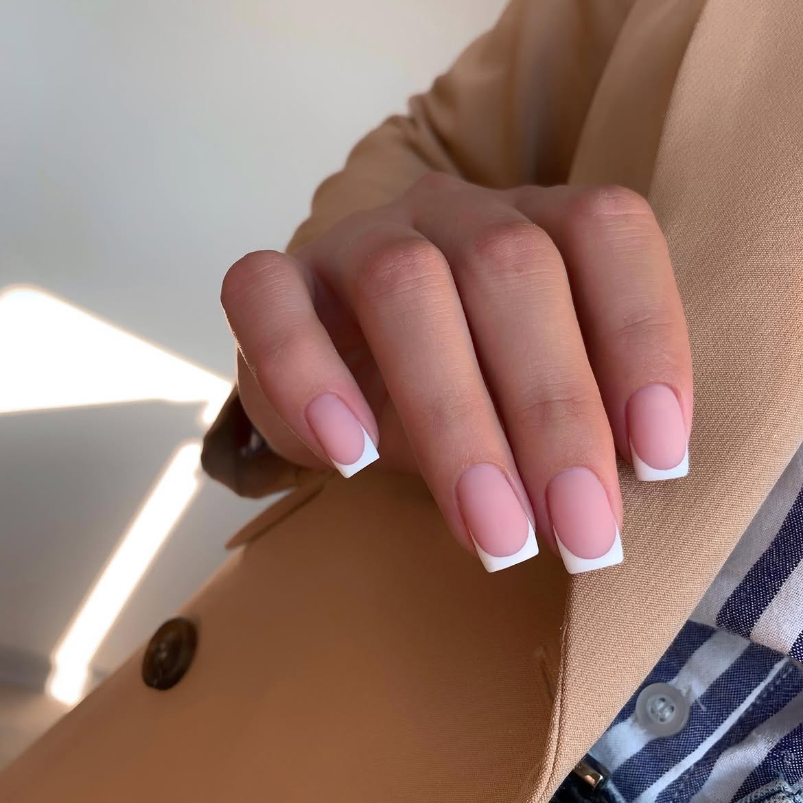 Matte Pink French Tip Medium Length Nails