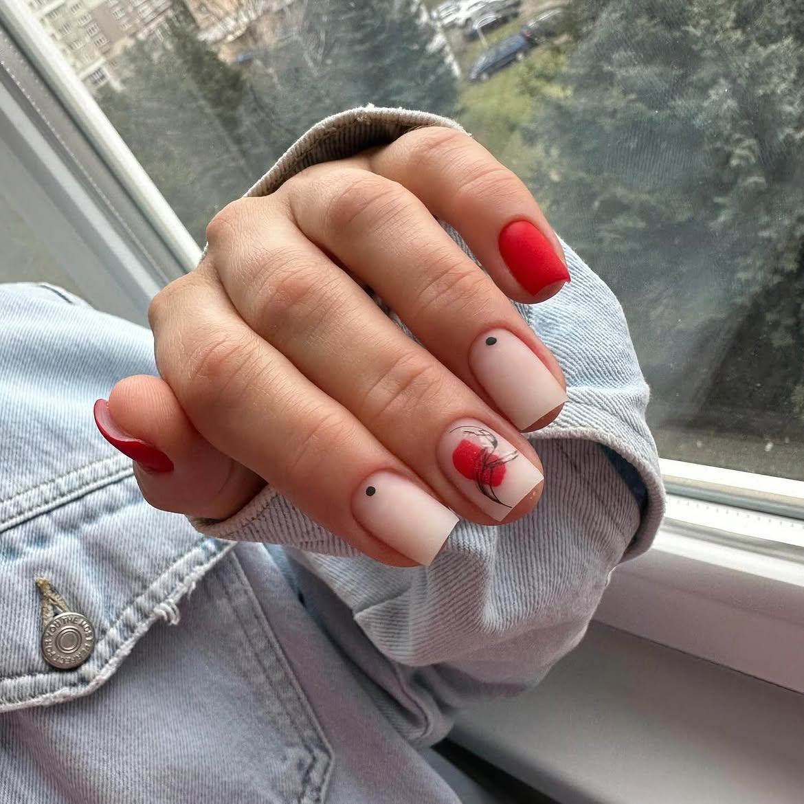 Matte Red & Nude Floral Square Nails