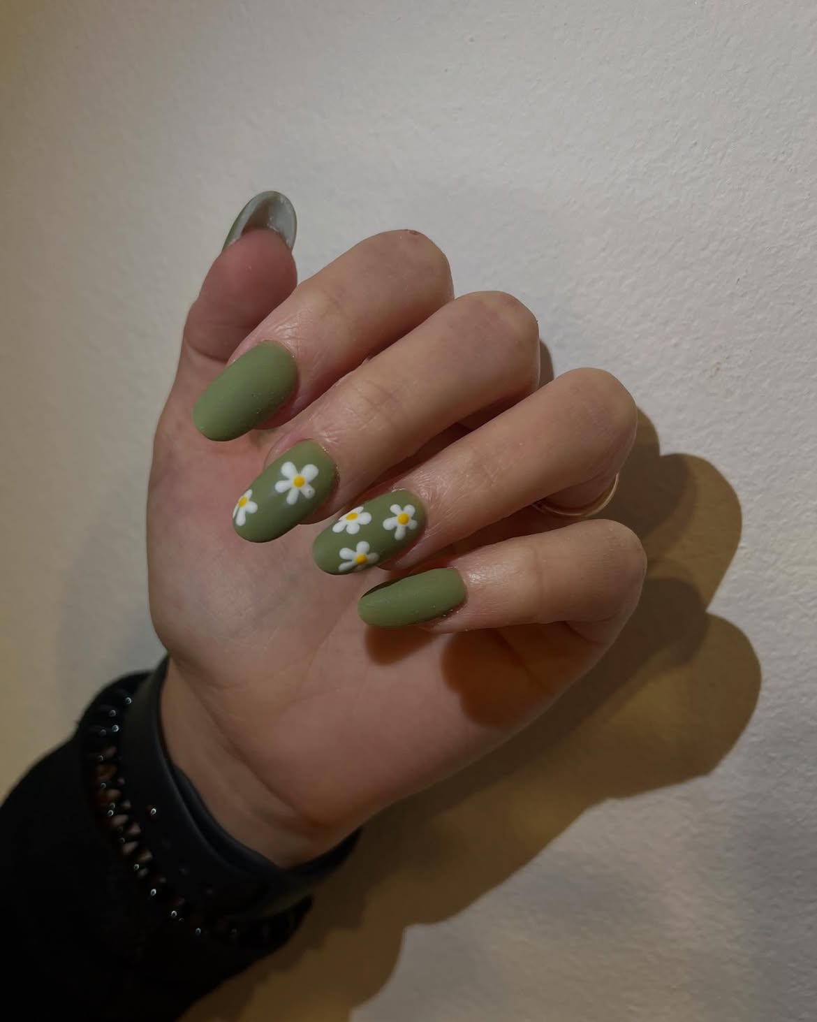Matte Sage Green Daisy Almond Nails