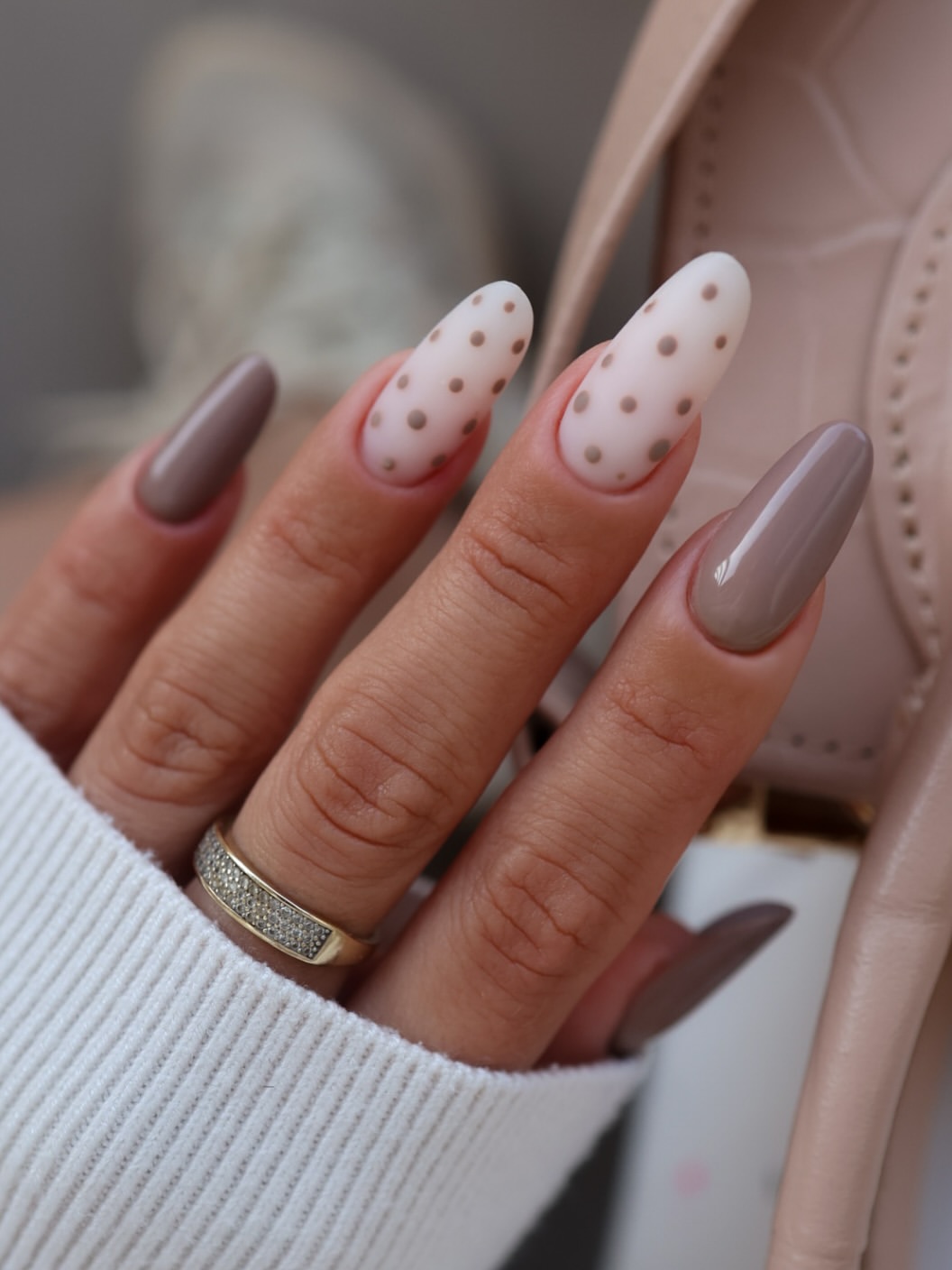 Matte Taupe & Polka Dot Almond Nails