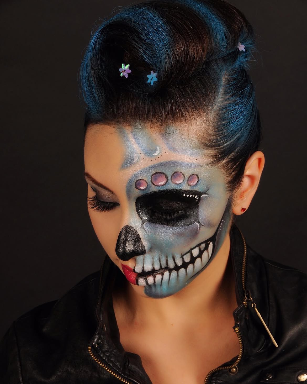 Midnight Blue Victory Rolls With Flower Accents