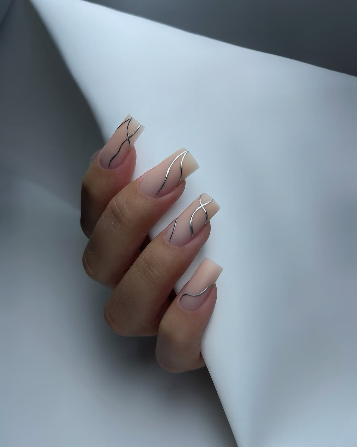 Minimalist Silver Swirl Matte Nude Coffin Nails