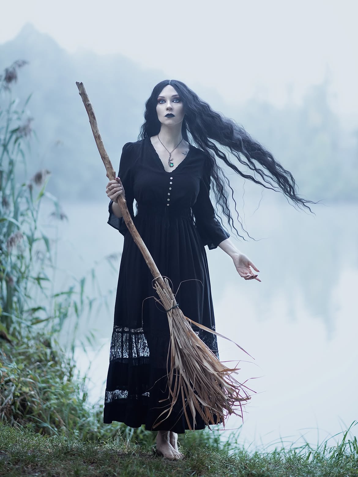 Mystical Black Lace Trim Witchy Maxi Dress