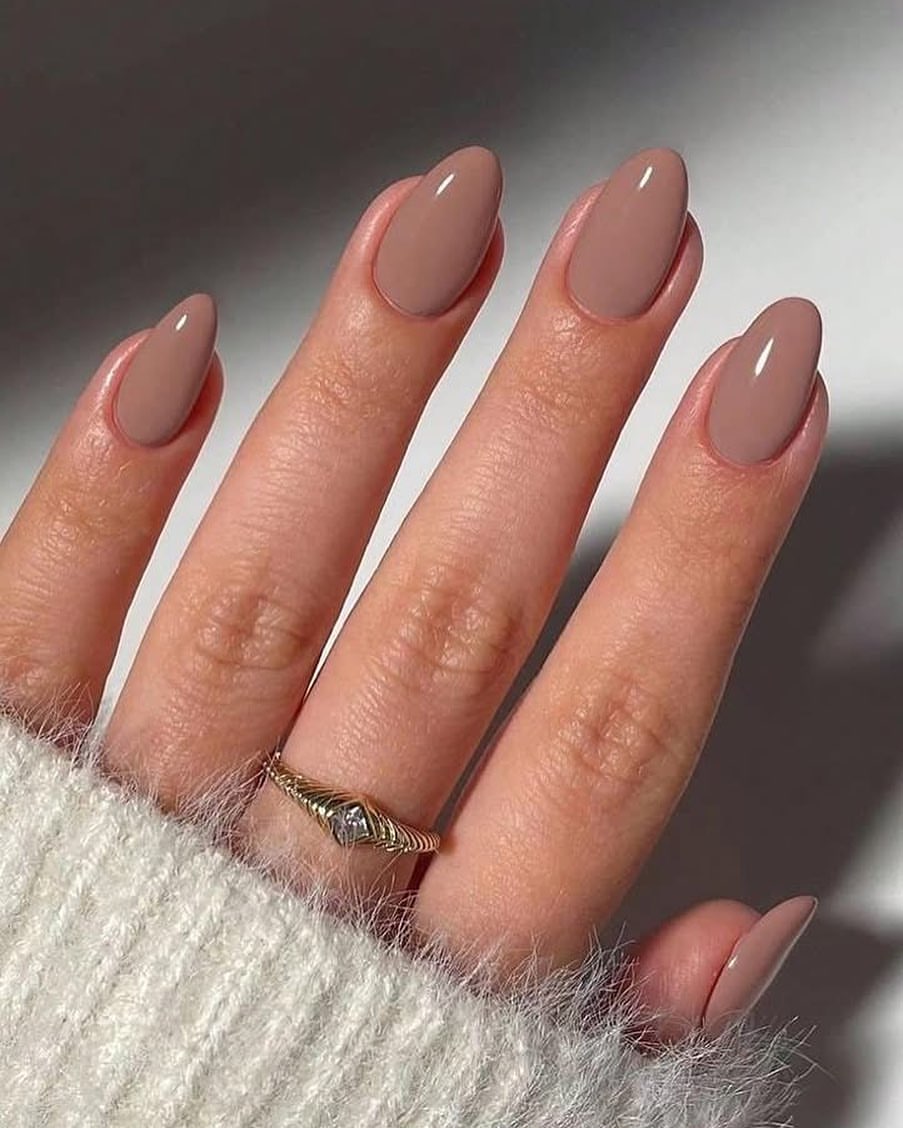 Neutral Taupe Glossy Almond Nails