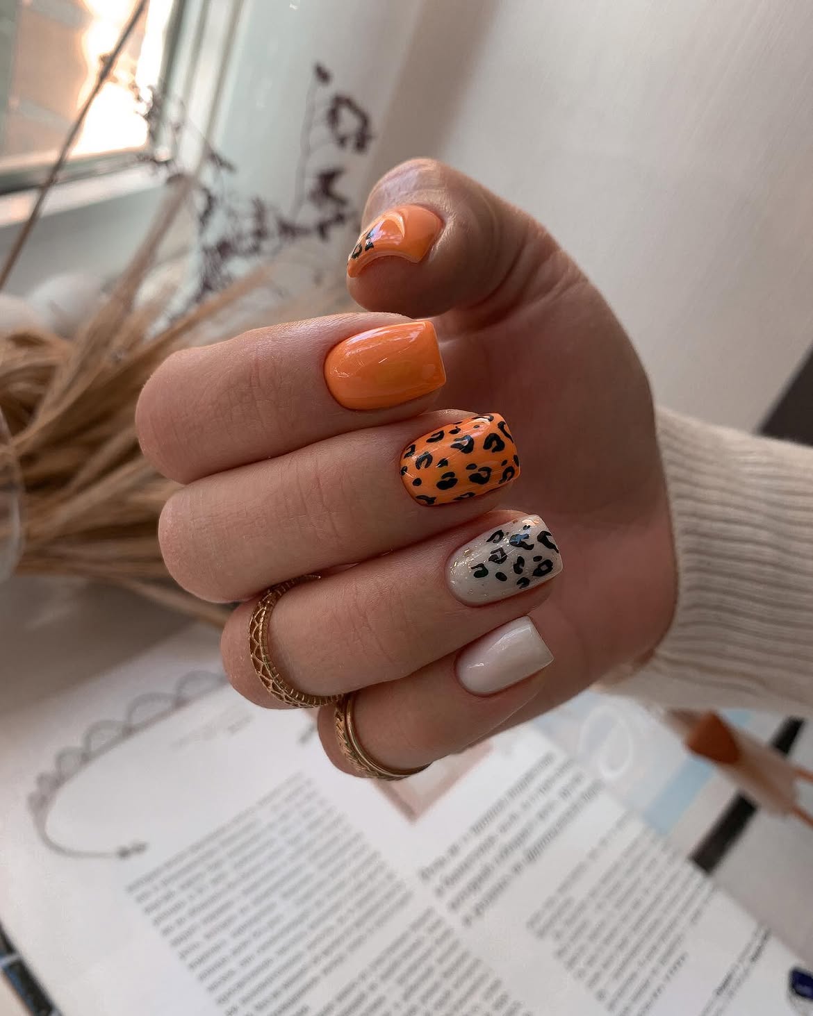 Orange Leopard Print & Cream Mismatched Nails
