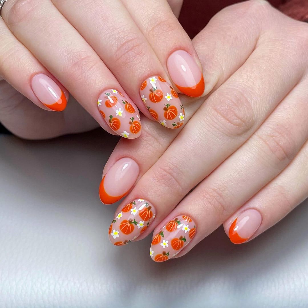 Orange Pumpkin French Tip Almond Nails