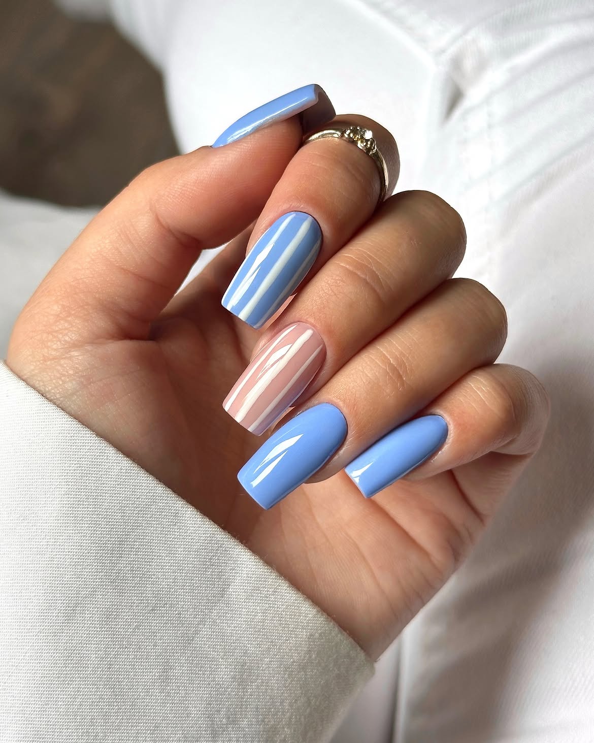 Pastel Blue and Pink Striped Coffin Nails