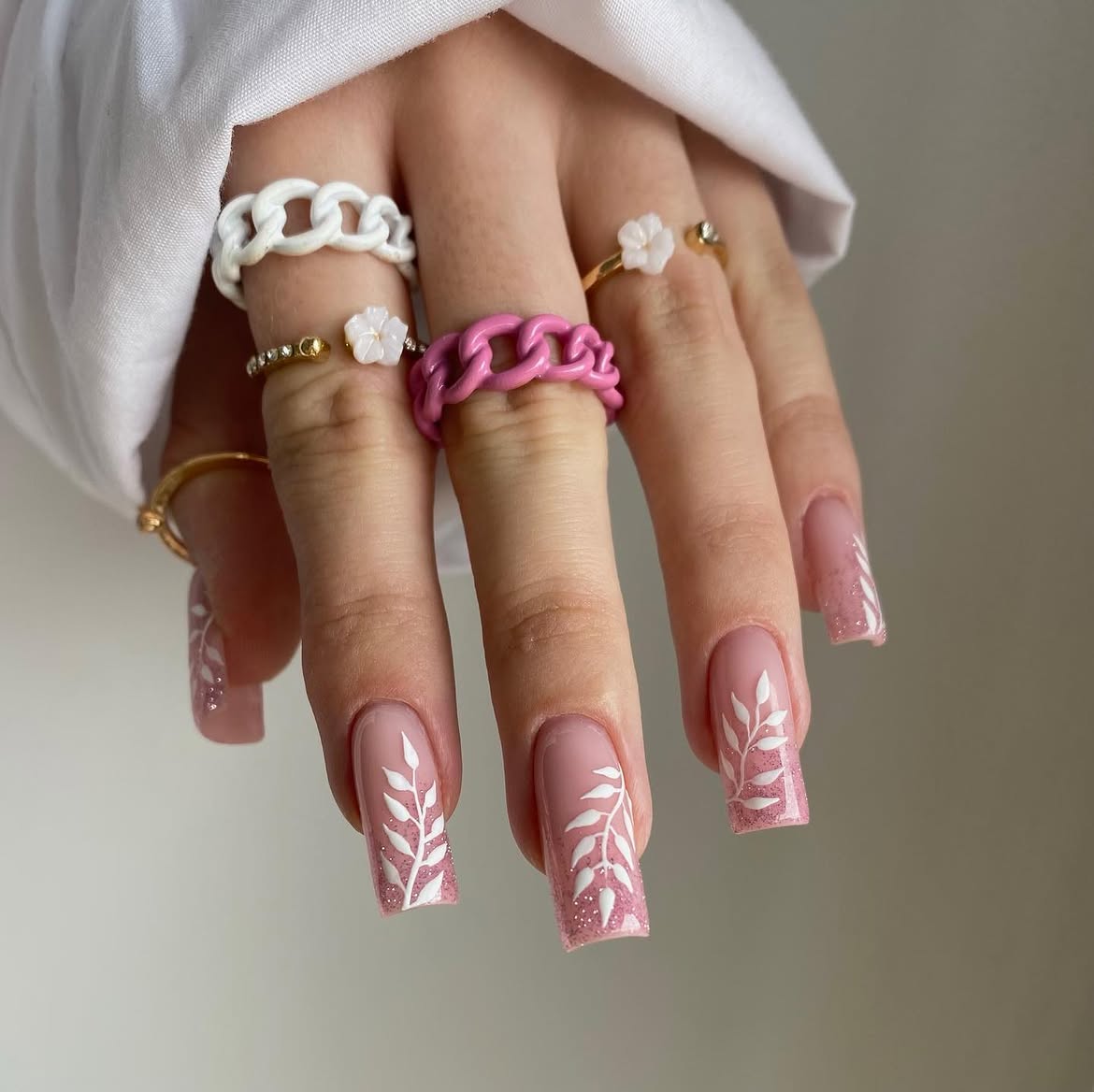 Pink Leaf French Tip Square Nails