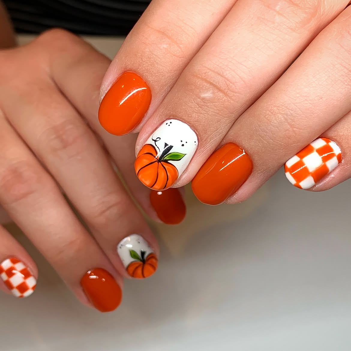 Pumpkin Patch Checkerboard Fall Nails
