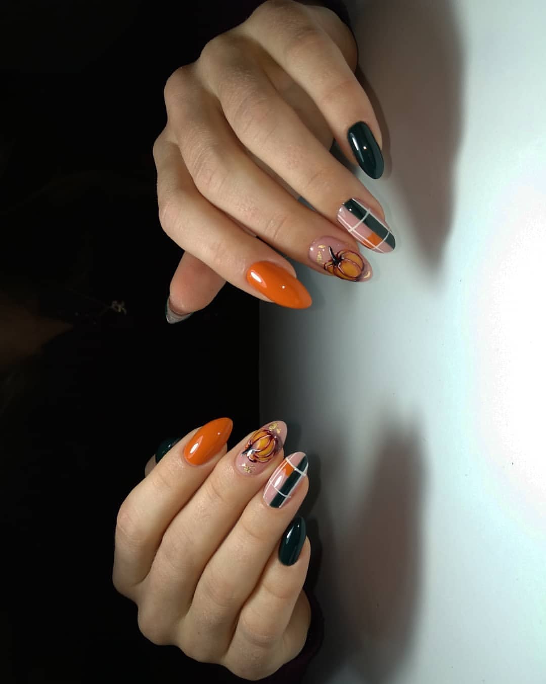 Pumpkin Plaid Almond Nails