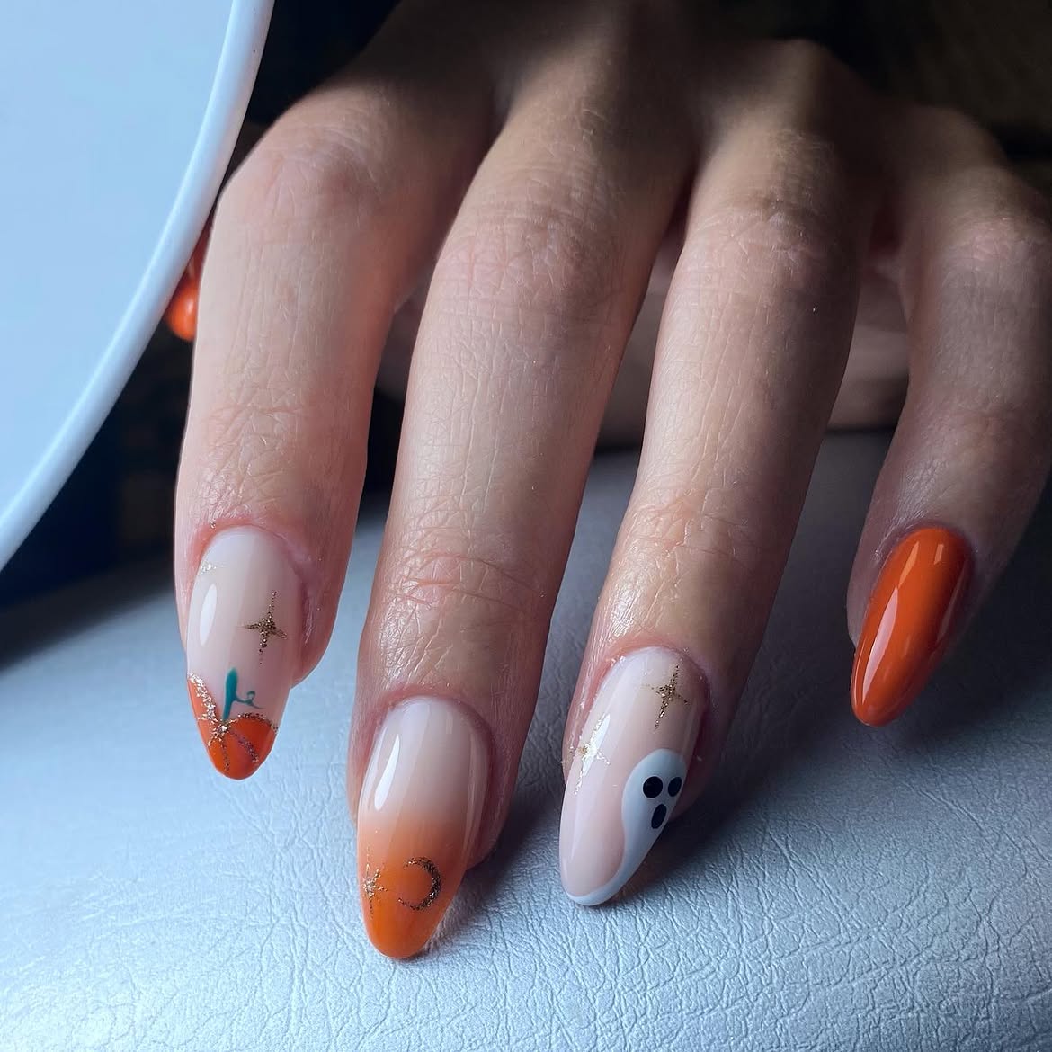 Pumpkin Spice Ghost French Ombre Almond Nails