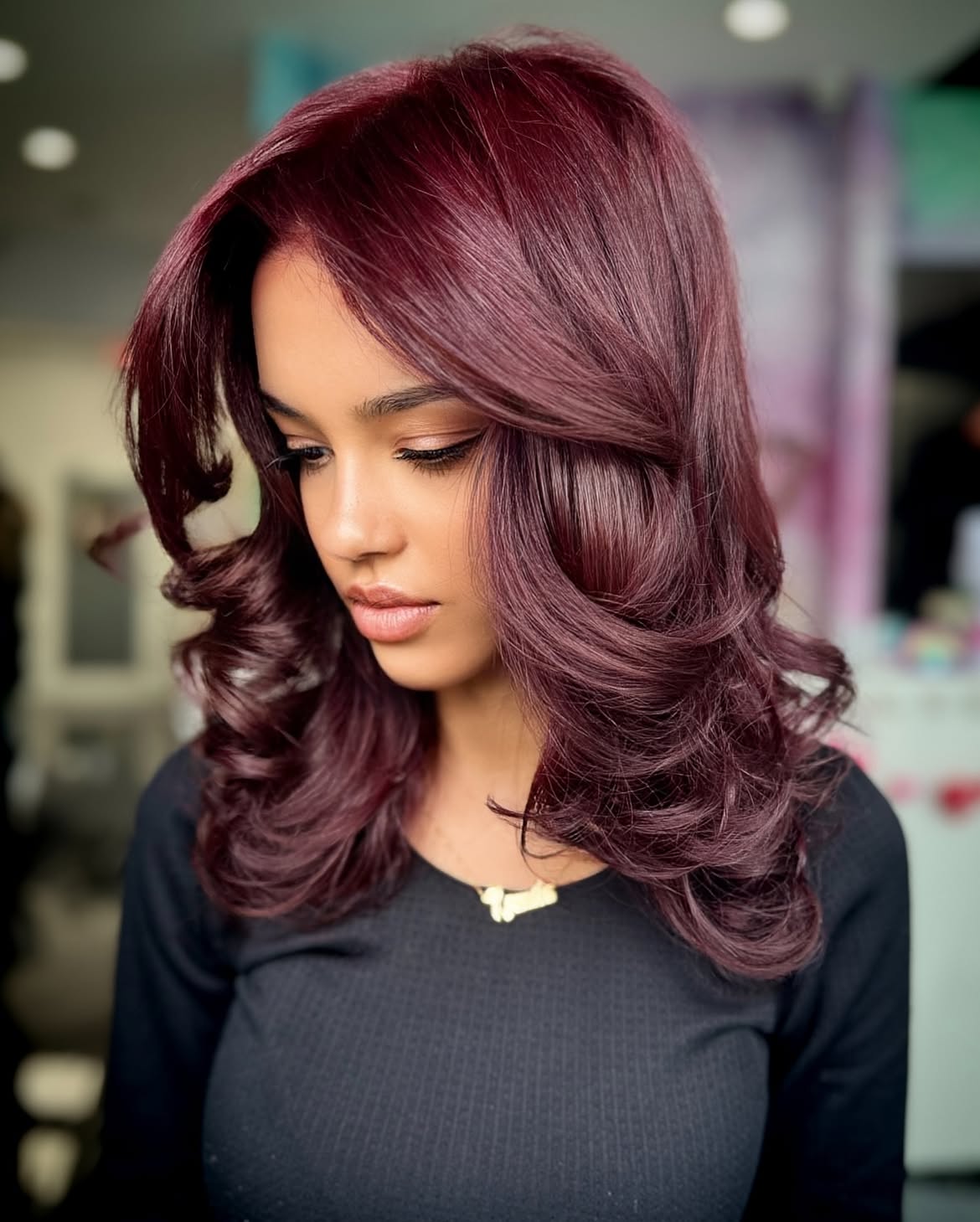 Rich Cherry Cola Waves With Face Framing Layers