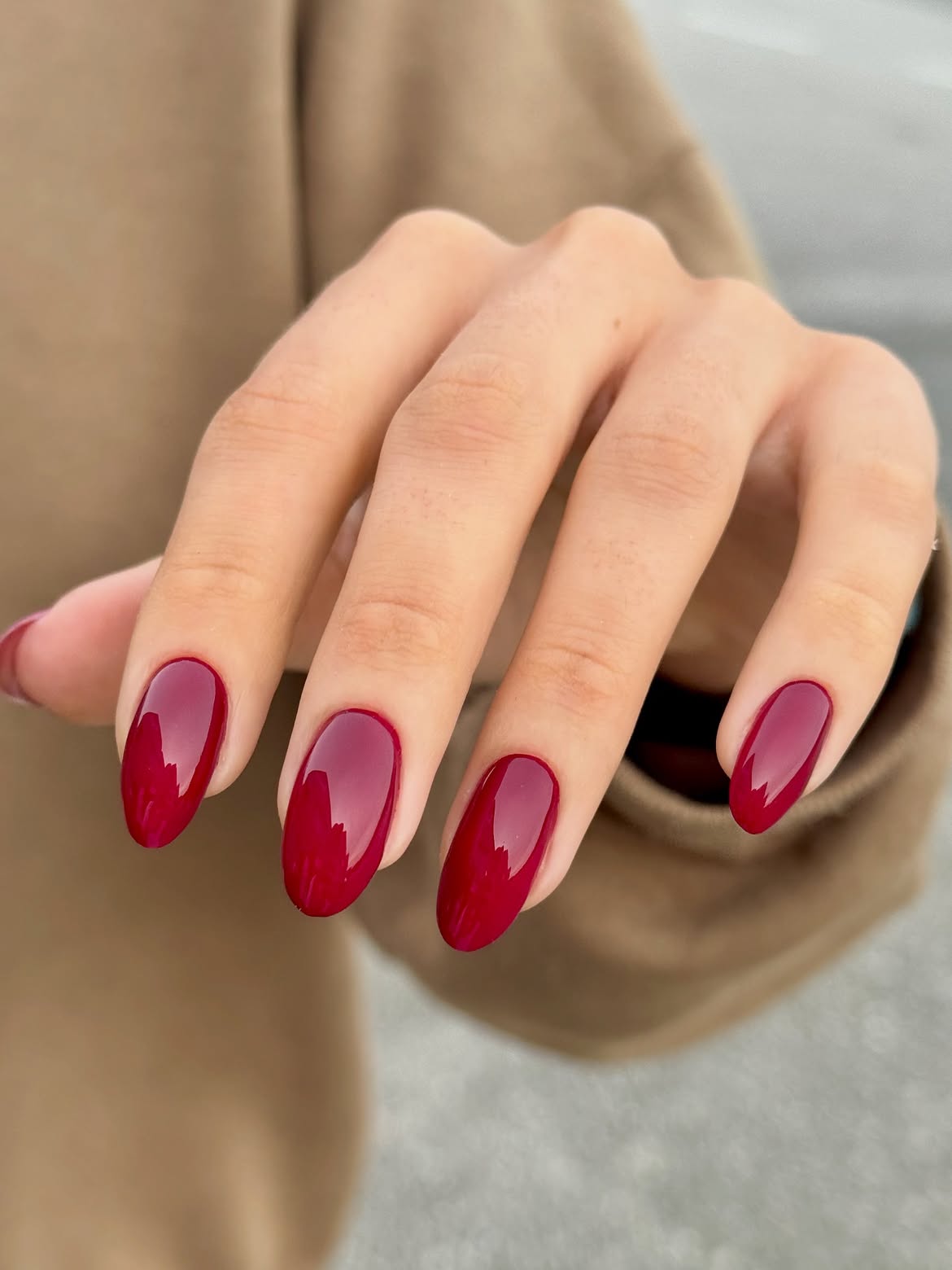Rich Cherry Red Glossy Oval Nails
