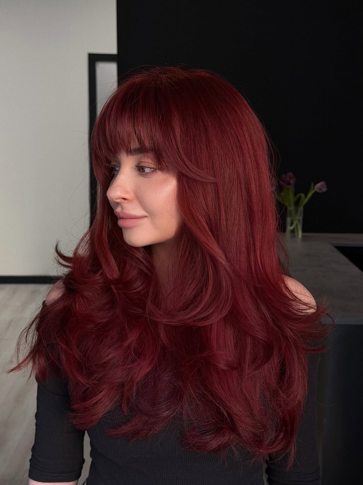 Rich Cherry Red Hair With Face-Framing Layers