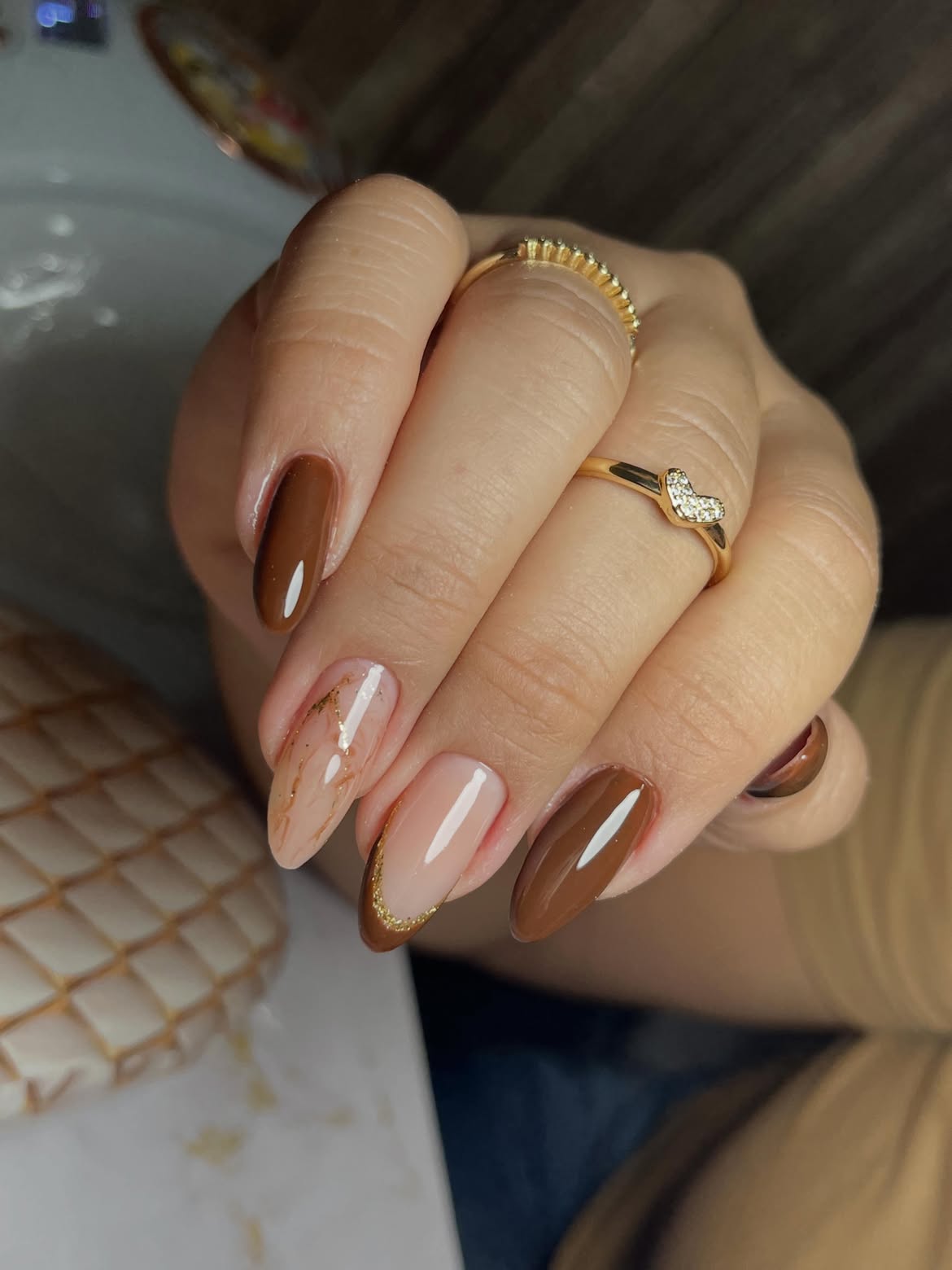 Rich Chocolate And Marble Almond Nails