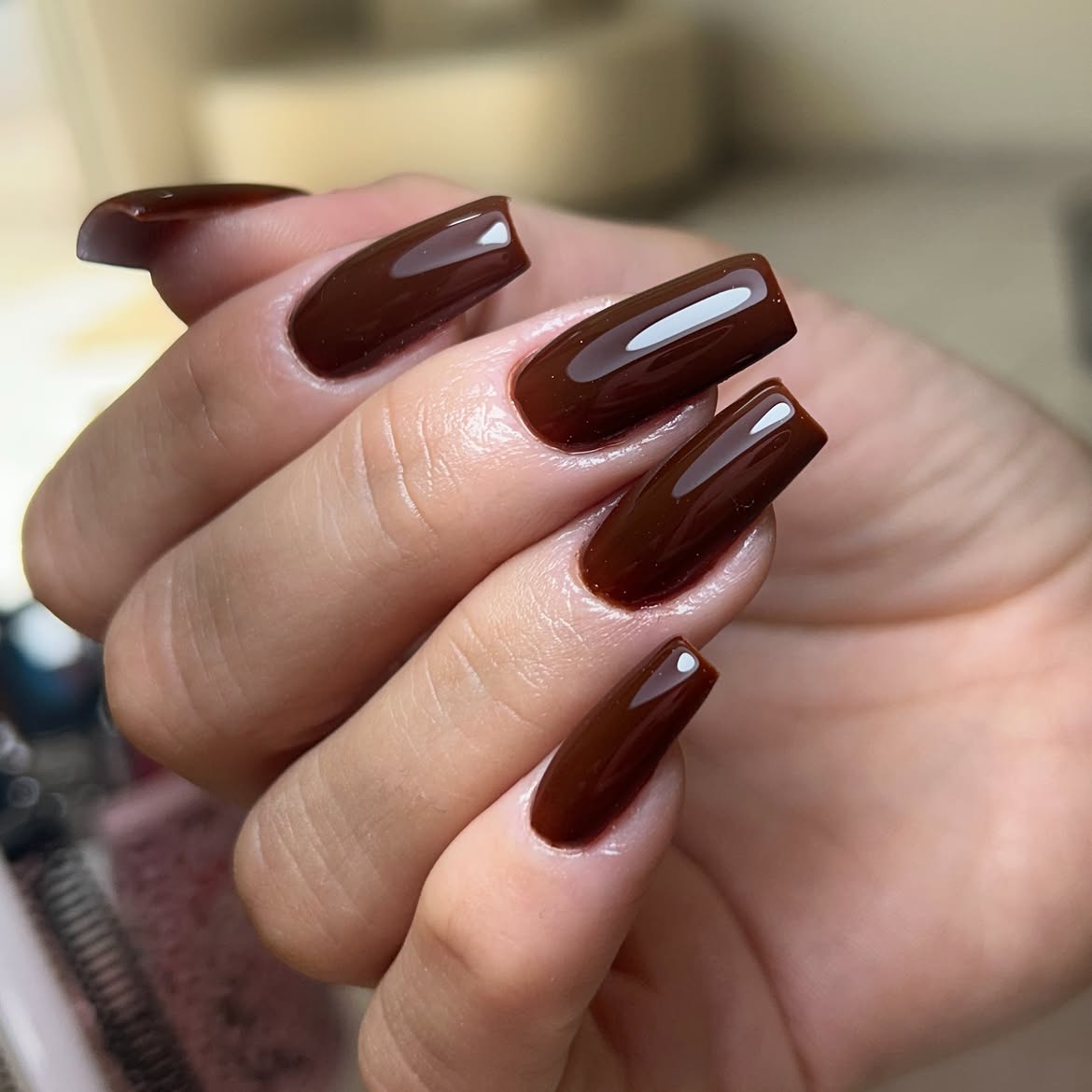 Rich Chocolate Brown High Gloss Coffin Nails