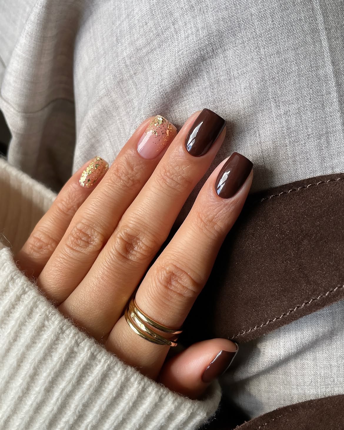 Rich Chocolate Glossy Nails With Gold Flakes