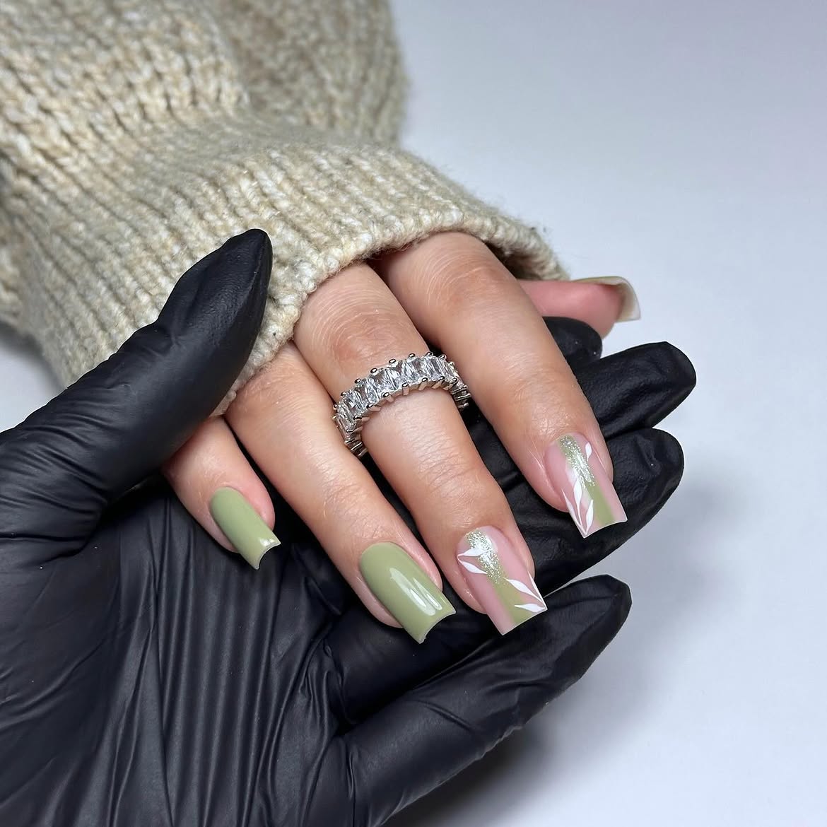 Sage Green Floral Accents Medium Square Nails