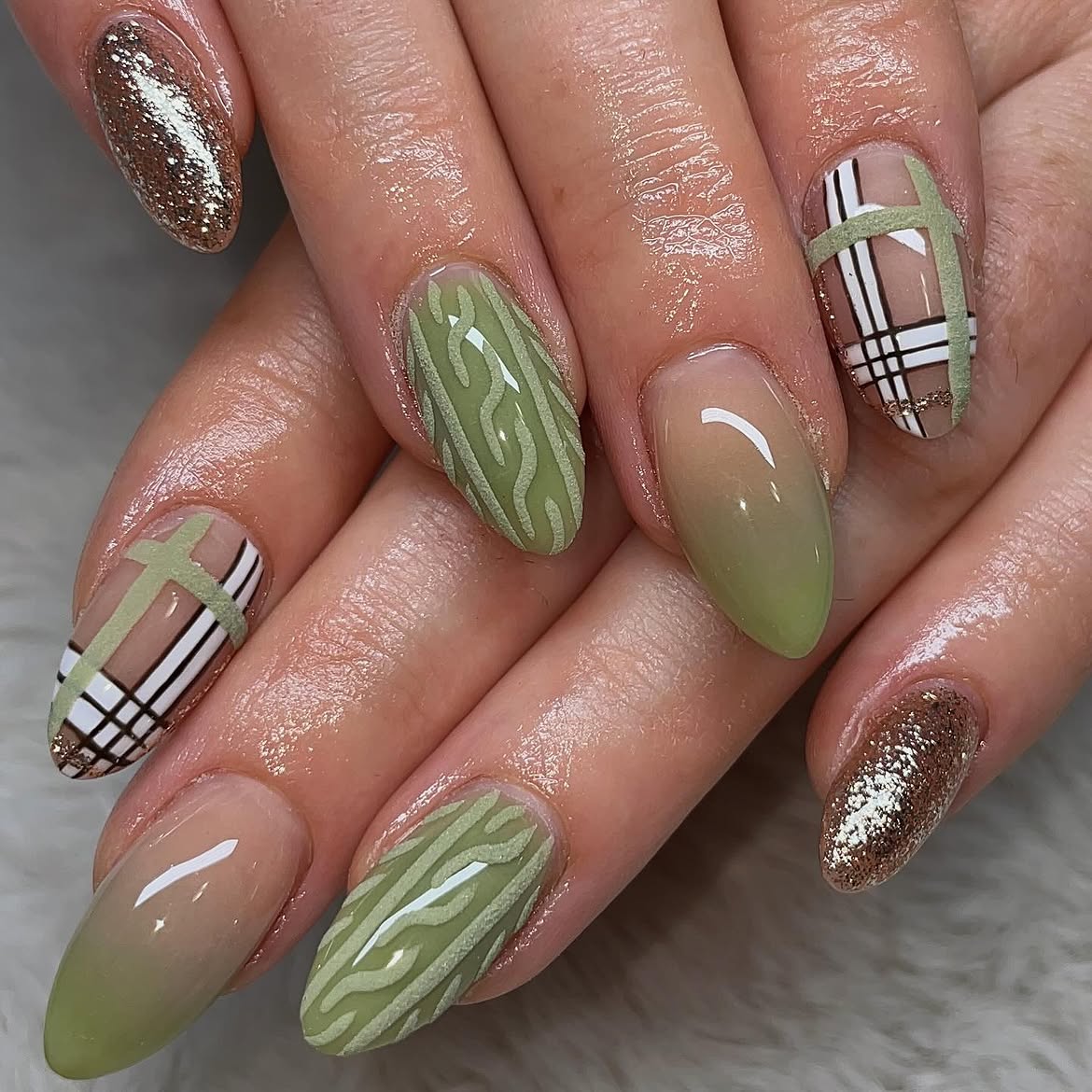 Sage Green Plaid & Cable Knit Sweater Nails