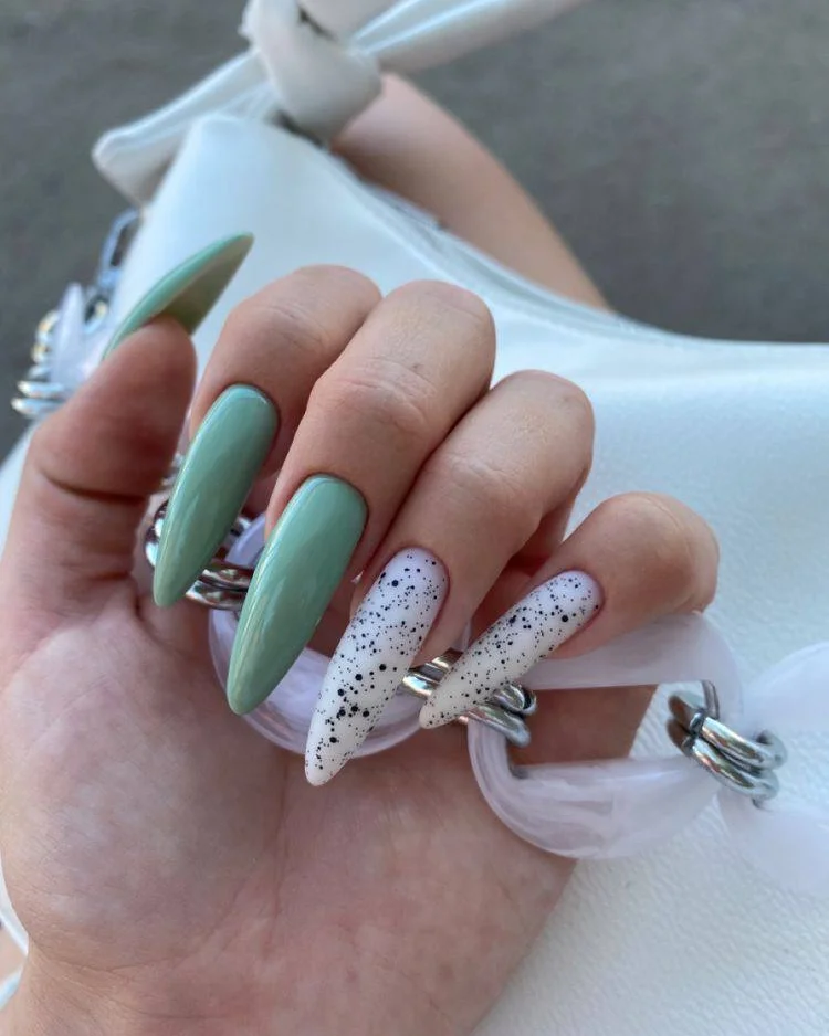 Sage Green & Speckled White Almond Nails