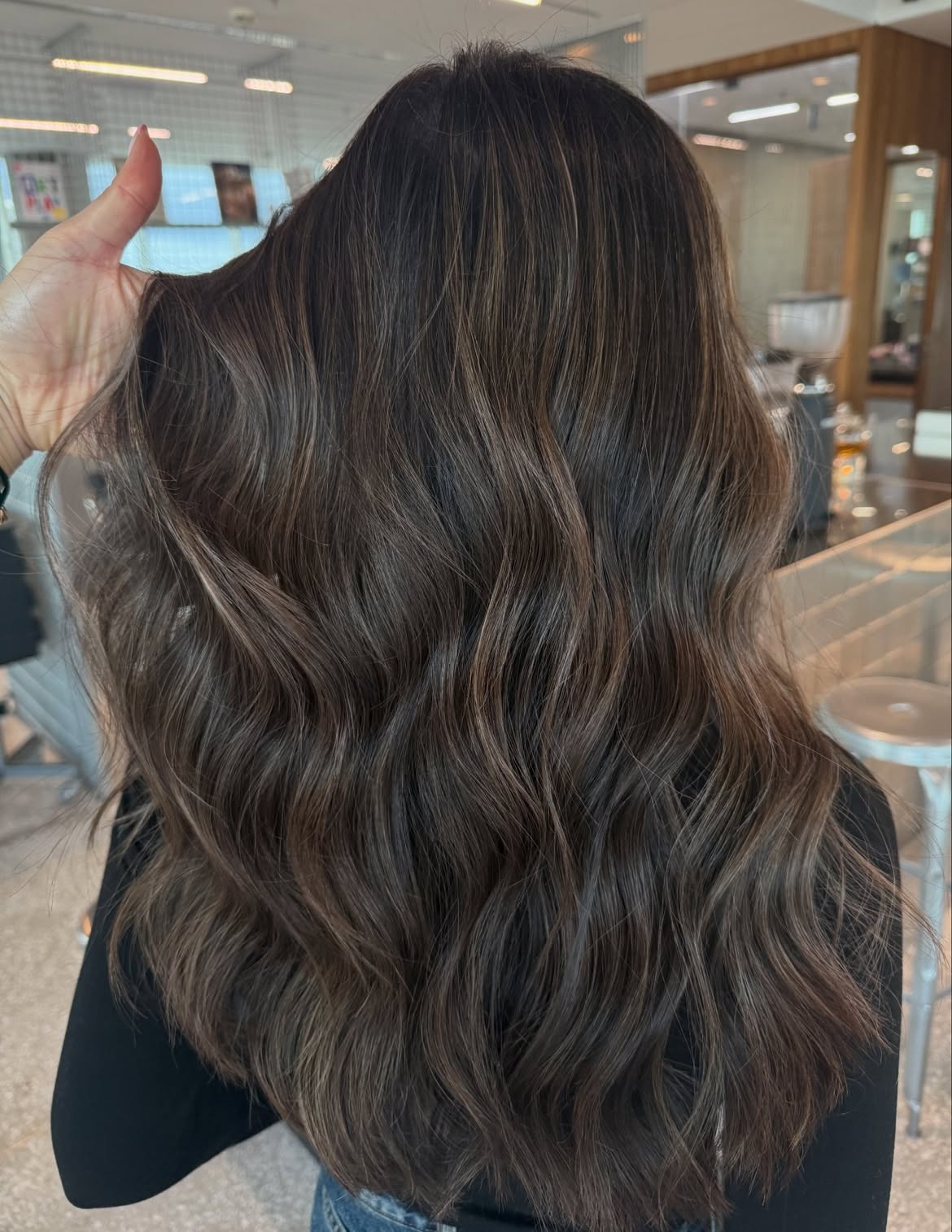 Smoky Ash Balayage on Long Wavy Brunette