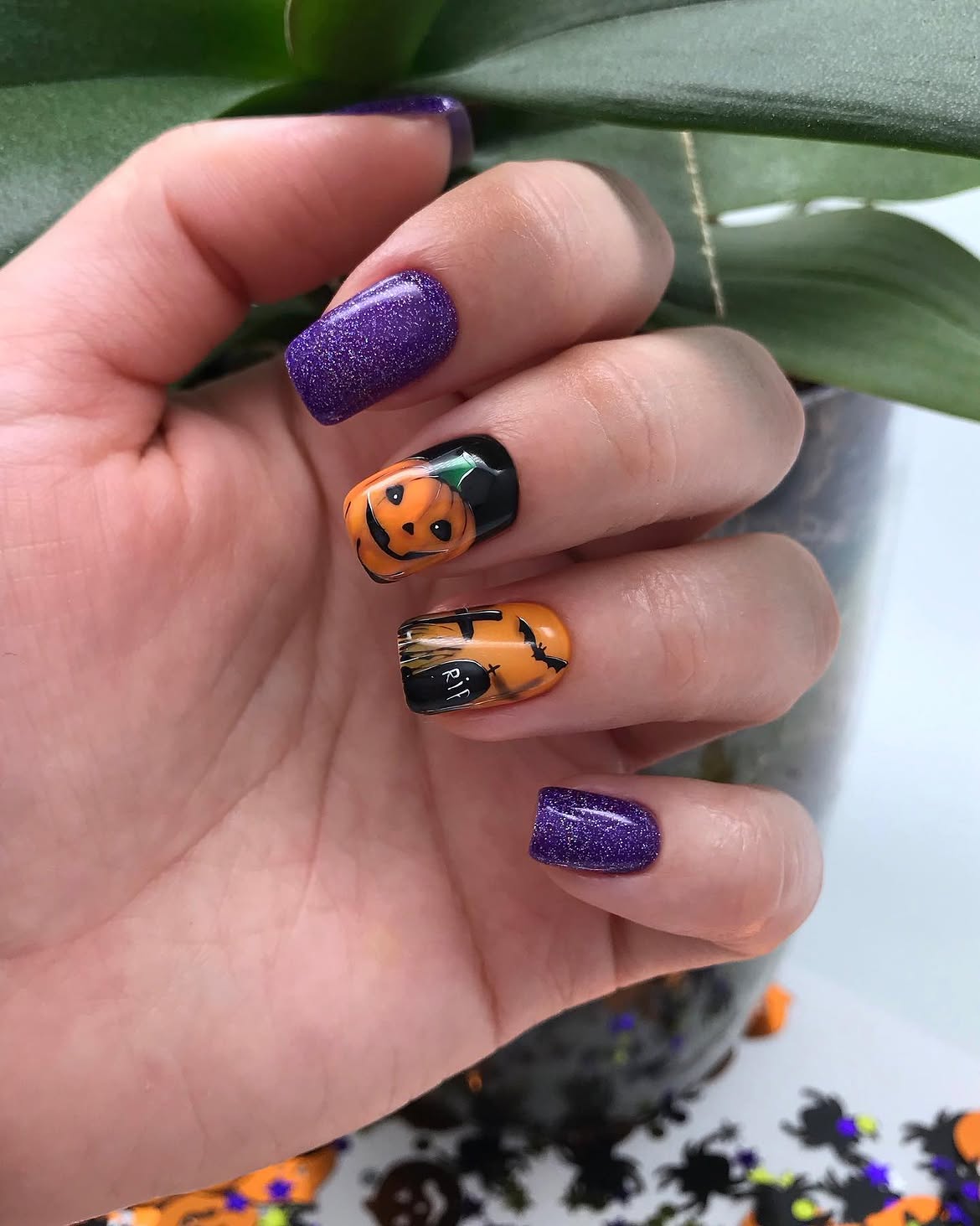 Spooky Pumpkin Face & RIP Tombstone Halloween Nails