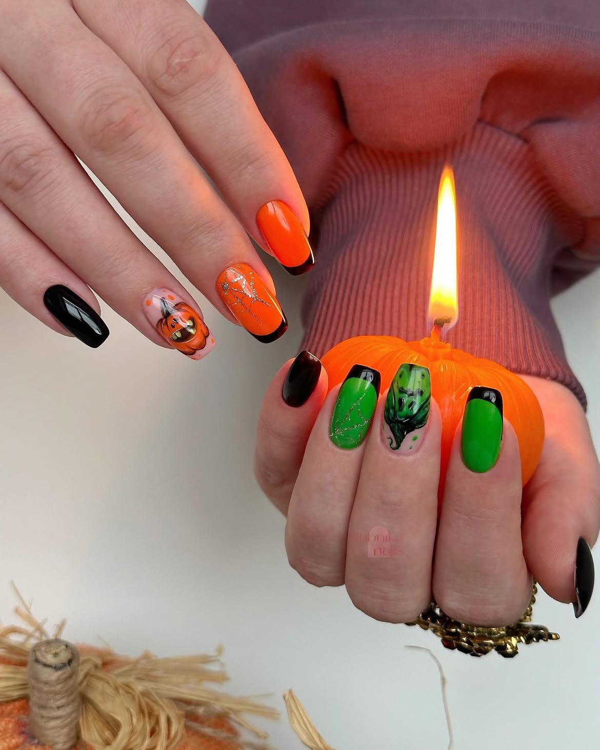 Spooky Pumpkin Patch French Tip Nails