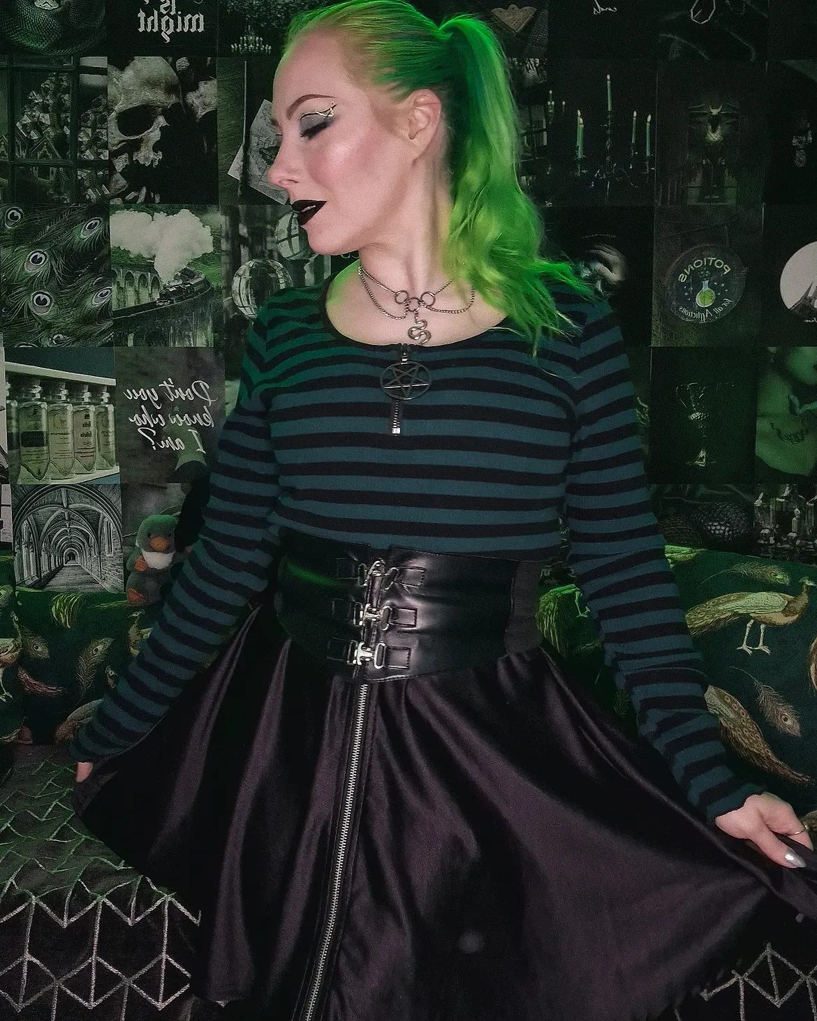 Striped Long Sleeve With Leather Corset Skirt Look