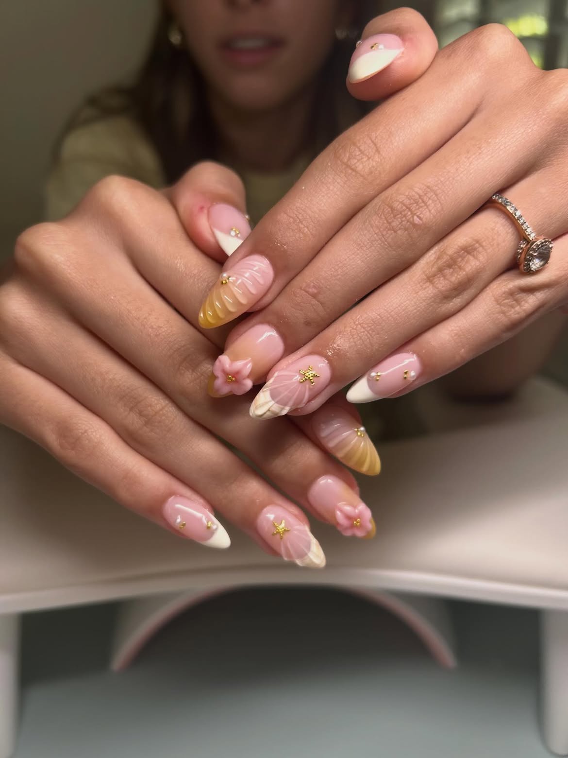 Sweet Floral French Almond Nails