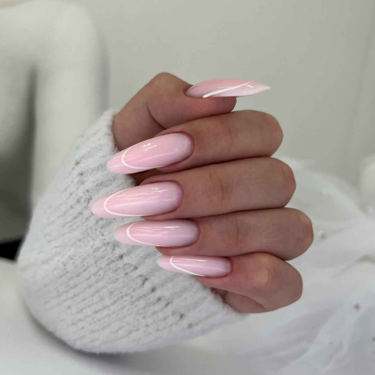 Sweet Pink Swirl French Almond Nails