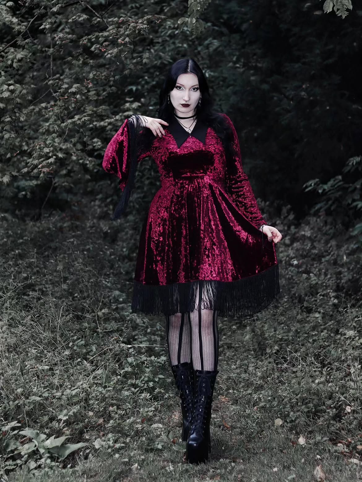 Velvet Mini Dress With Fringe And Platform Boots