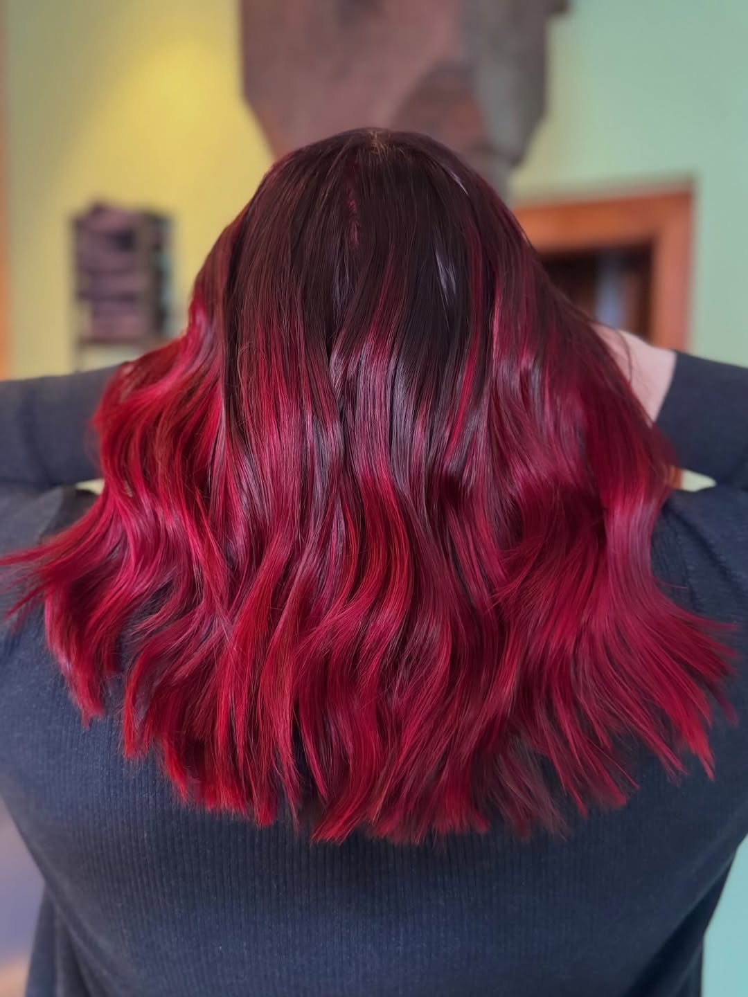 Vibrant Cherry Red Balayage With Deep Auburn Roots