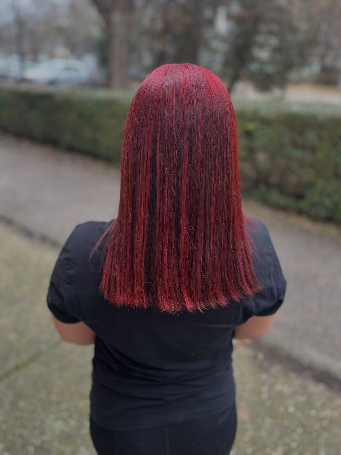 Vibrant Cherry Red Blunt Cut With Subtle Dimension